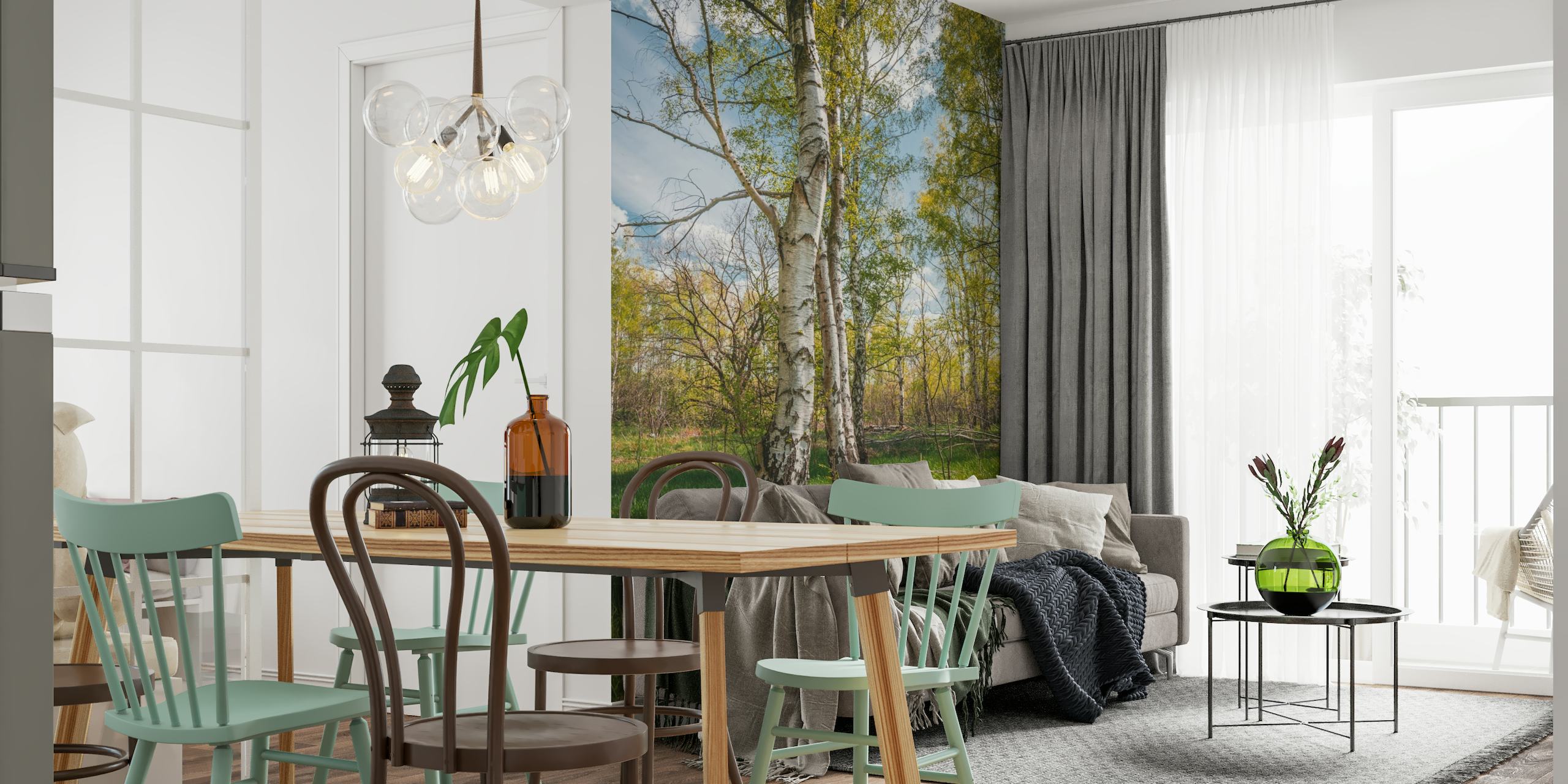 A tranquil spring day wall mural with birch trees and new green leaves