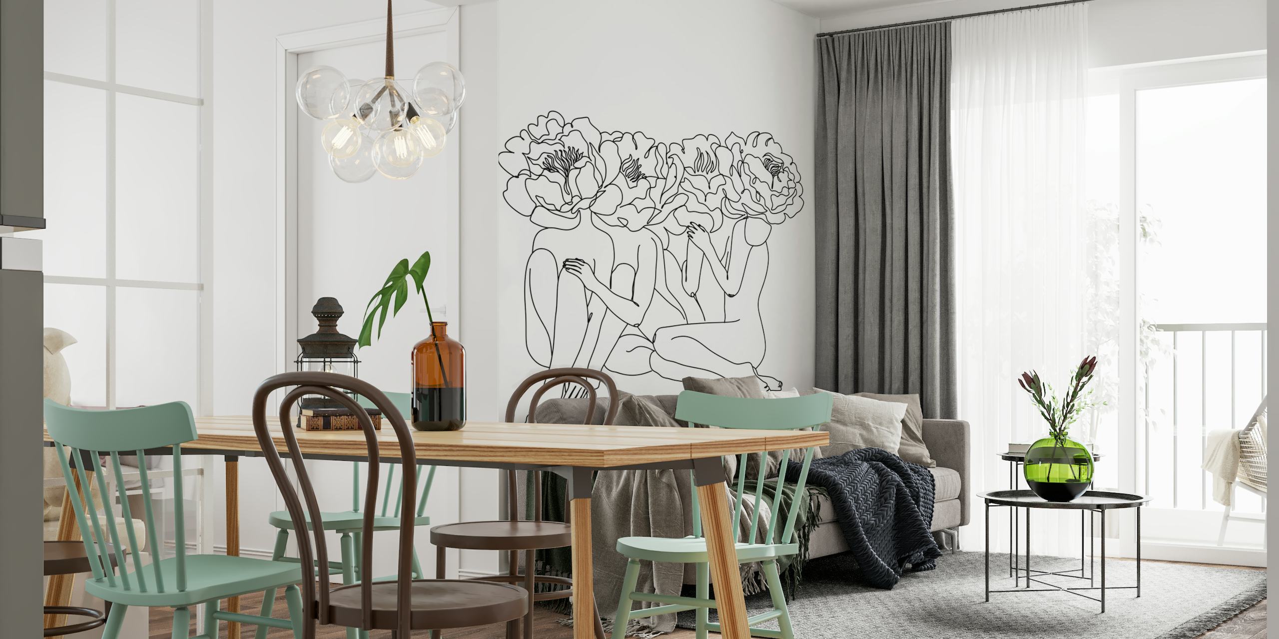 Minimalist line art wall mural of women with rose motifs from Happywall