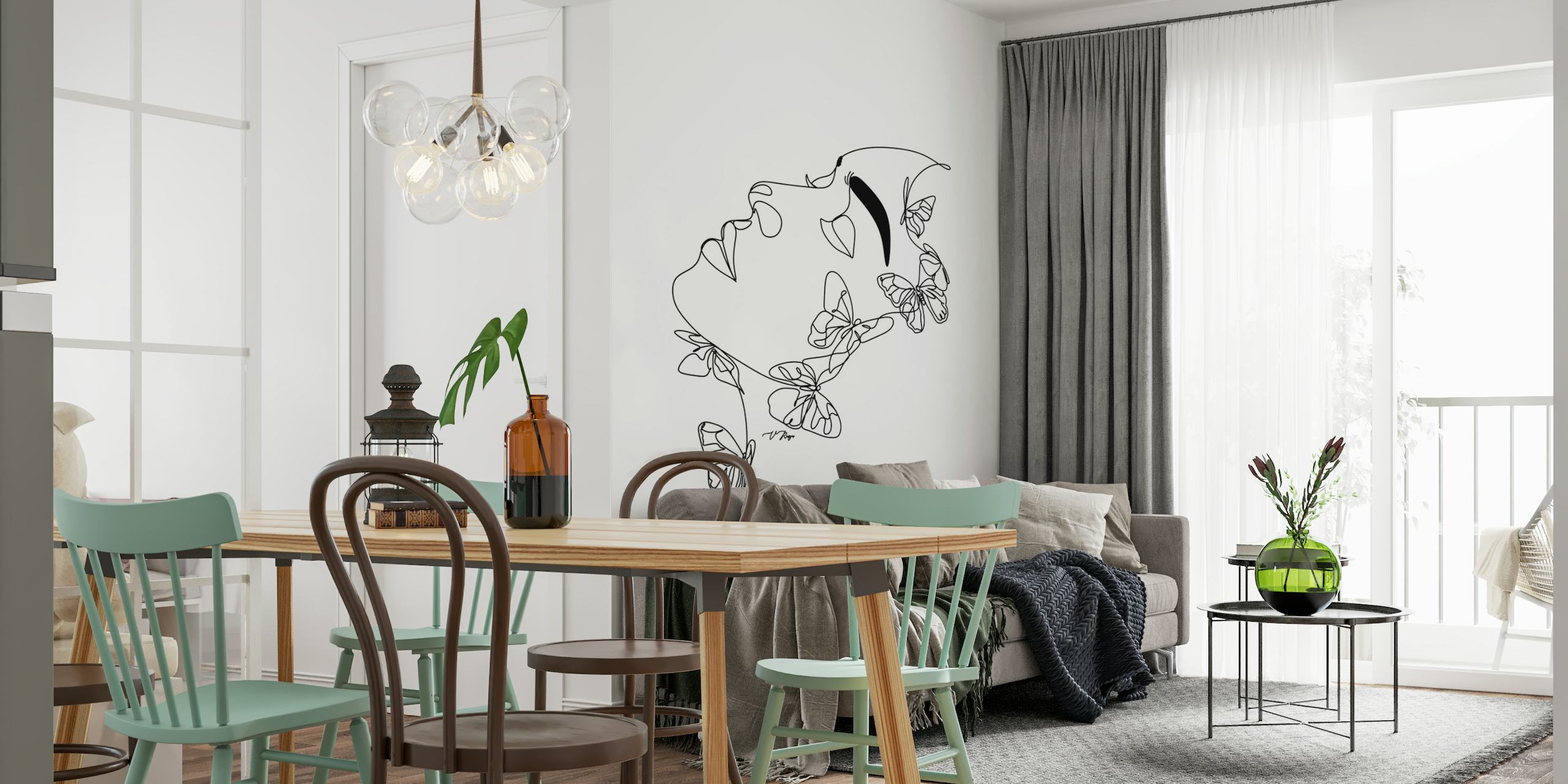 Line art wall mural featuring a silhouette of a face surrounded by butterflies