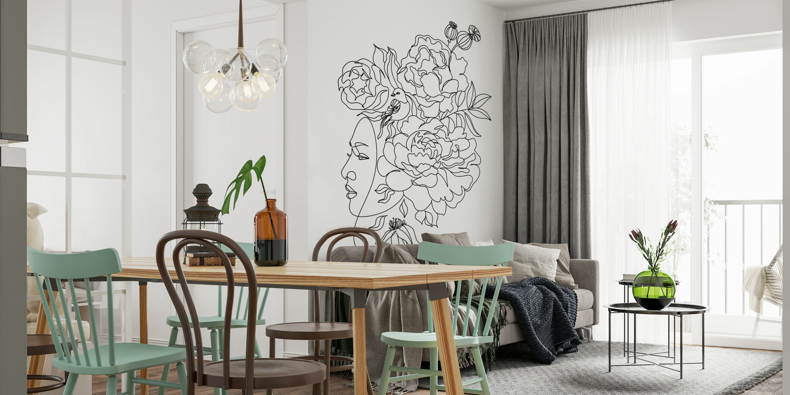 Minimalist line art wall mural of a woman's profile with intertwining flowers