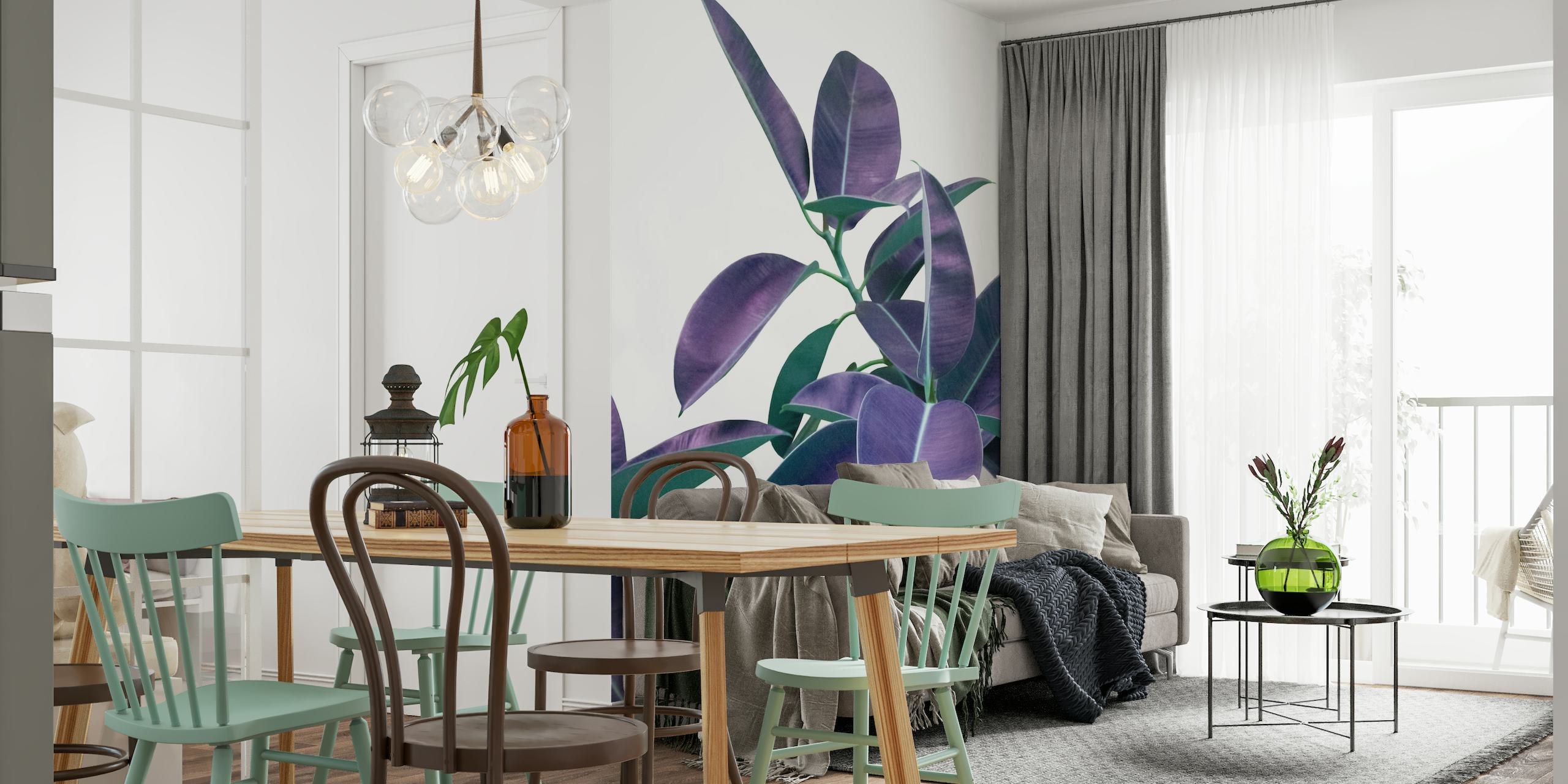 Ficus Elastica Violet Green leaves wall mural for interior decor