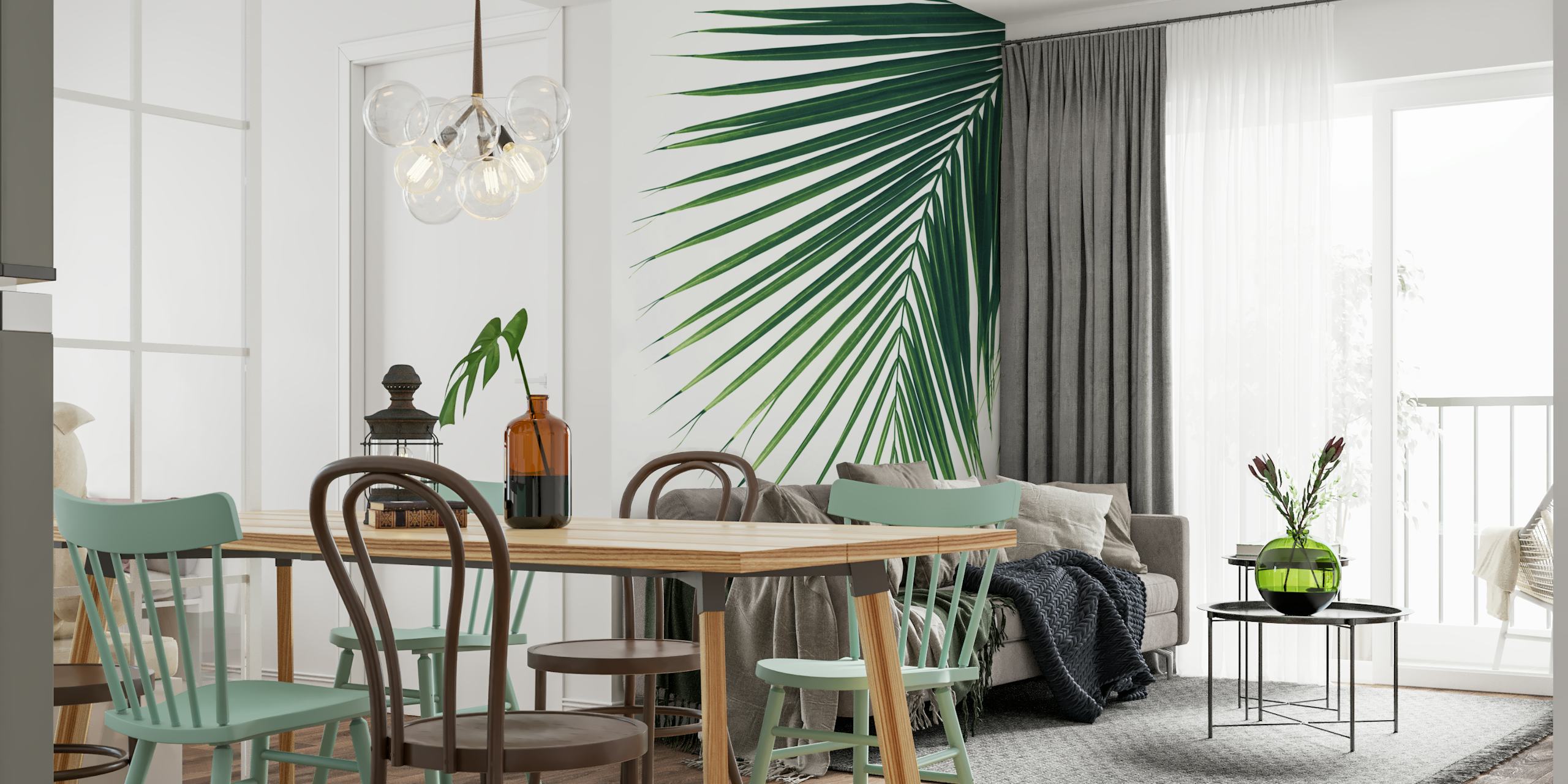Tropical palm leaf design on a white background wallpaper