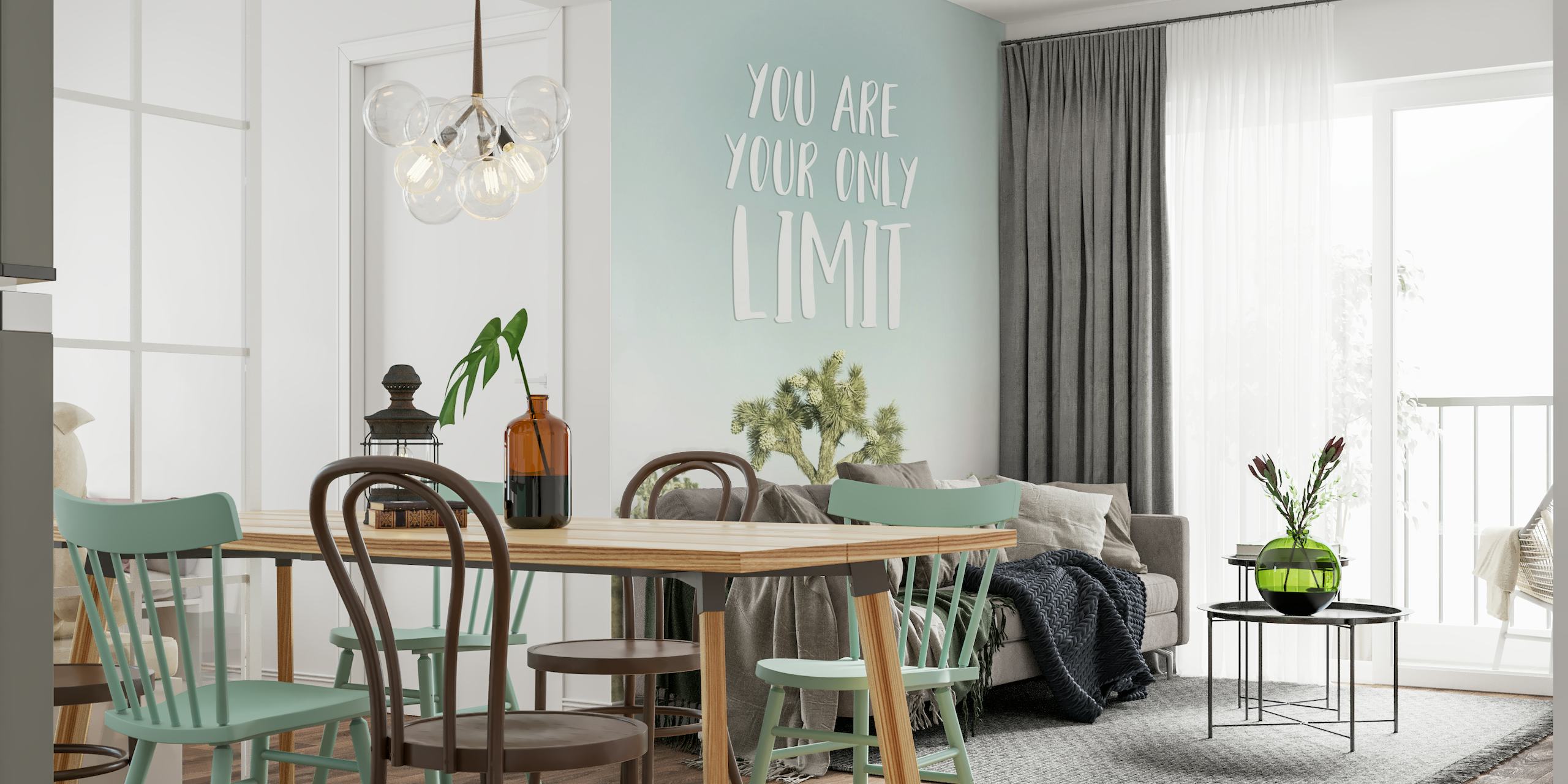 Inspirerende trælandskabsvægmaleri med teksten 'Du er din eneste grænse'