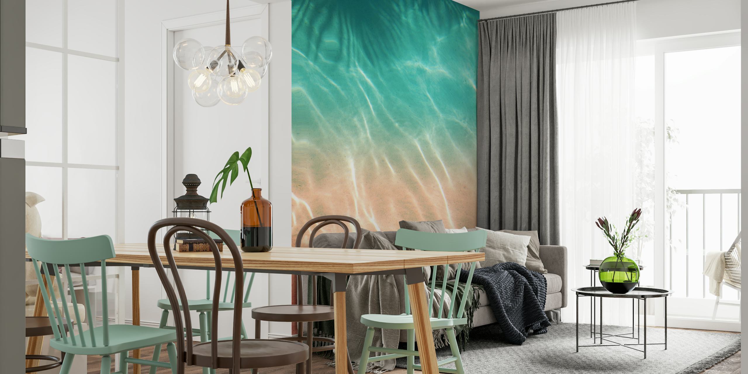 Mural de pared de agua de piscina de inspiración caribeña con un degradado de turquesa a rosa.
