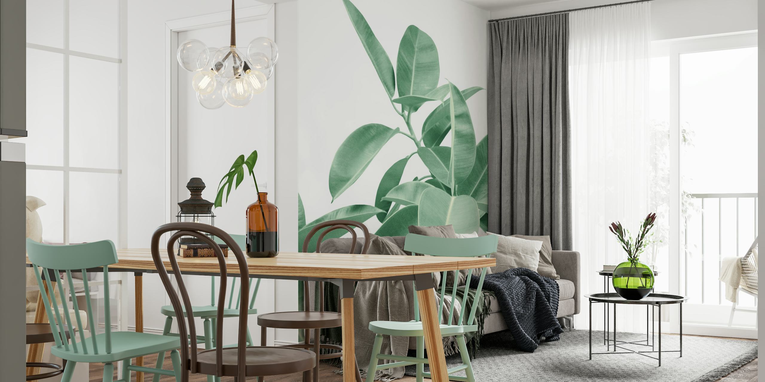 Soft green Ficus Elastica leaves wall mural from Happywall