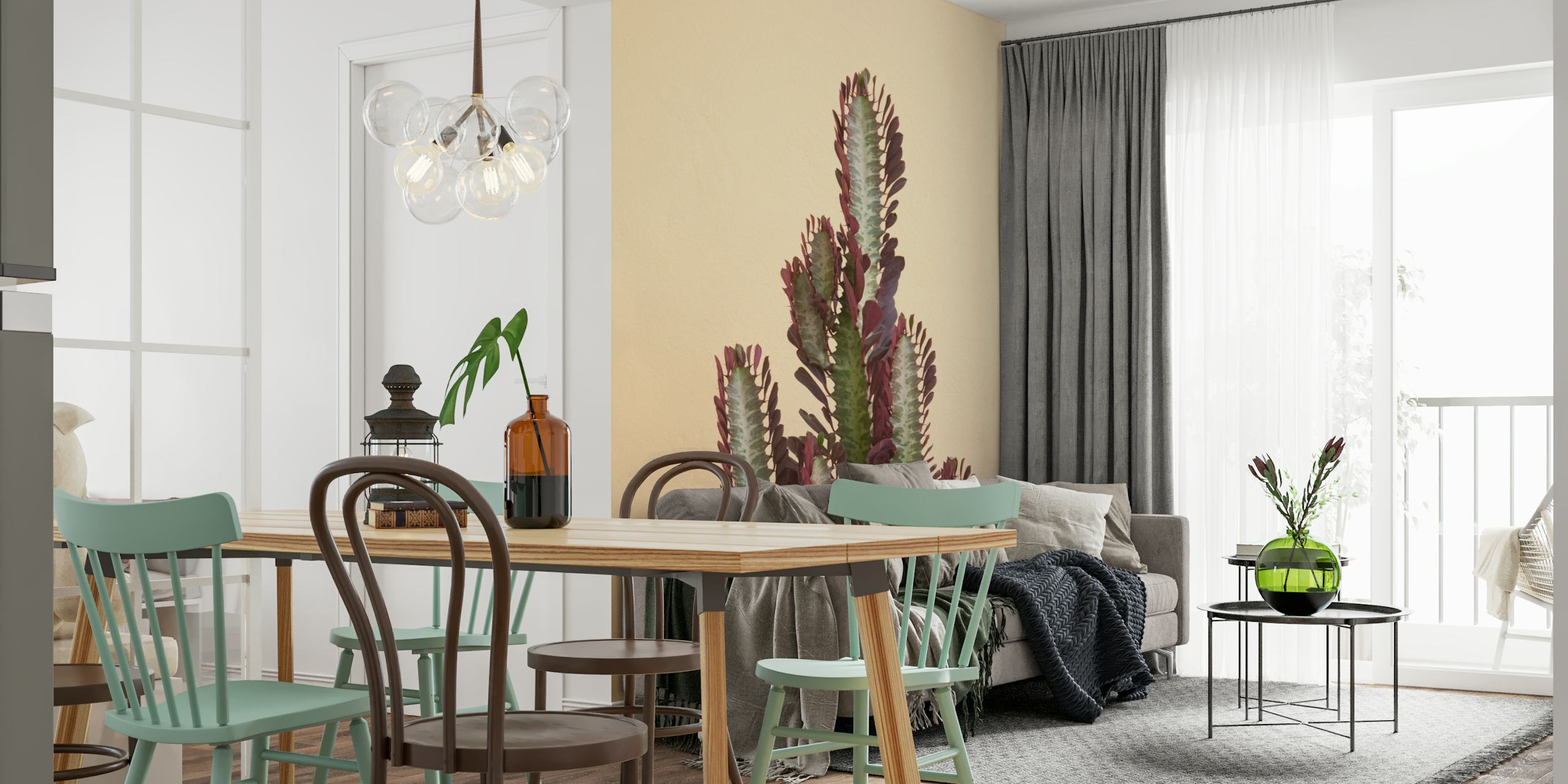 Cactus plant with purple and green leaves on beige background wallpaper