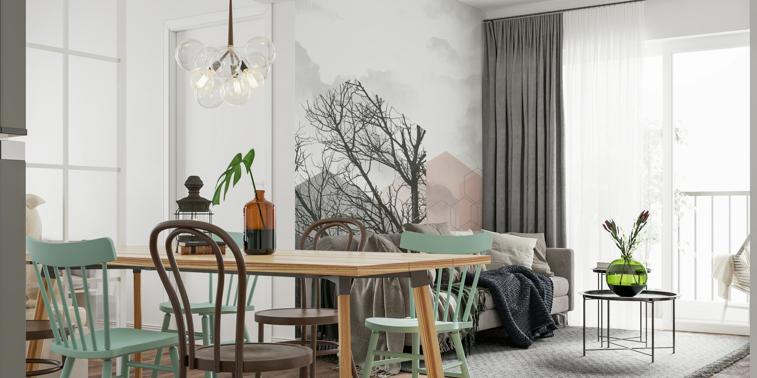 Abstract Geometric wall mural with pastel tones and bare tree silhouettes