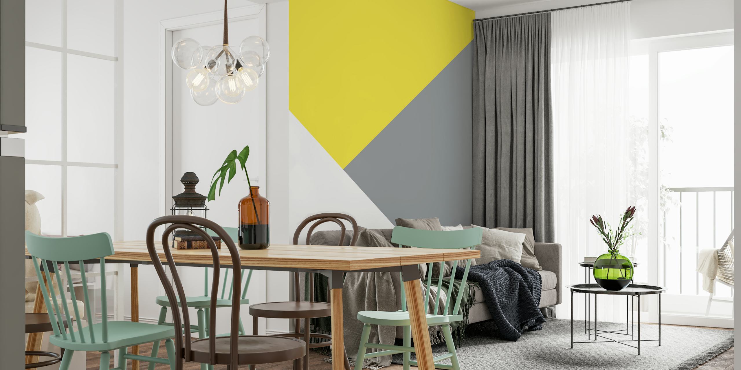 Illuminating Grey White Geo-vægmaleri med blødt gråt, rent hvidt og lysende gult geometrisk design.