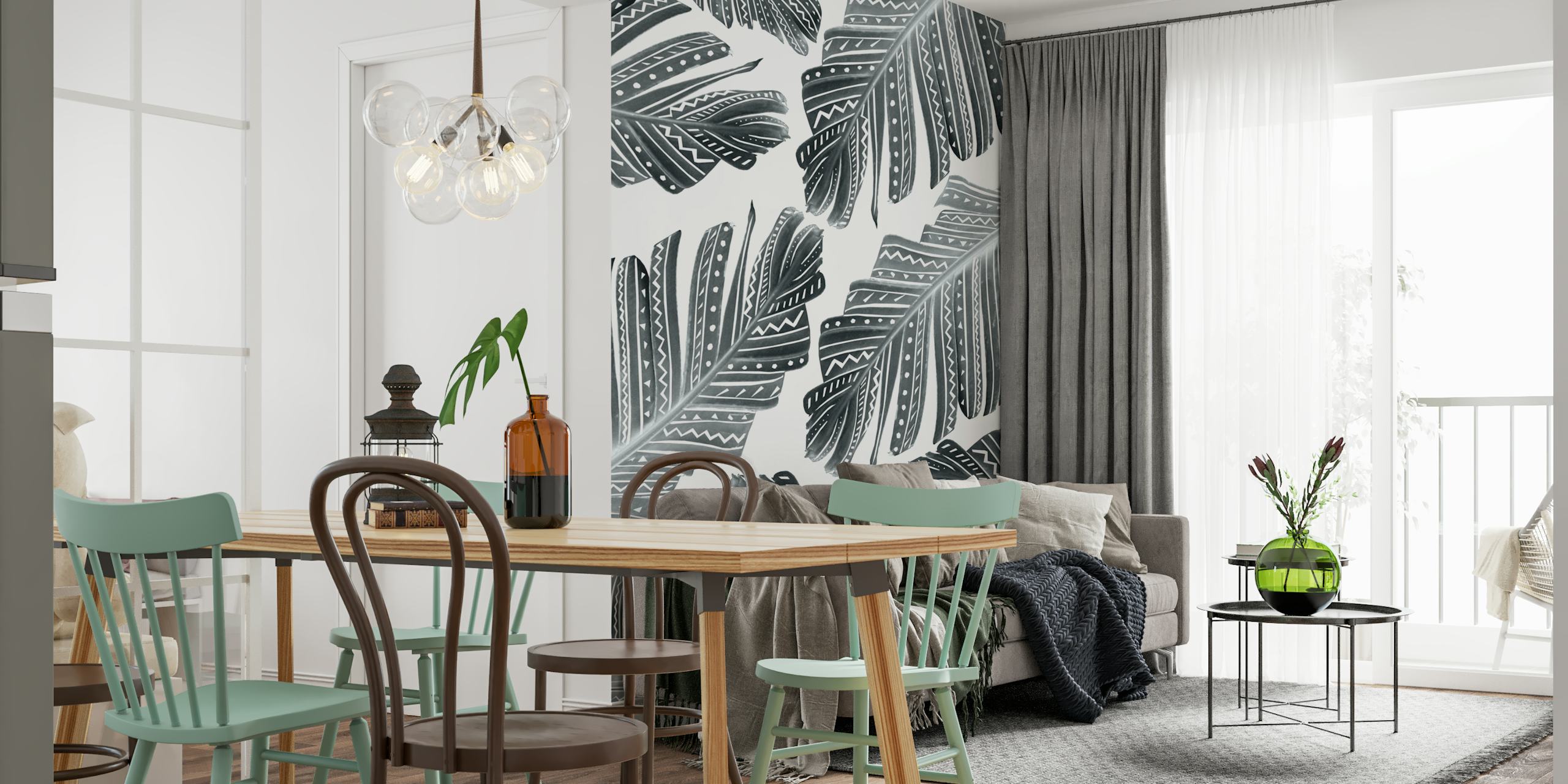 Black and white Boho Banana Leaves wallpaper in a room