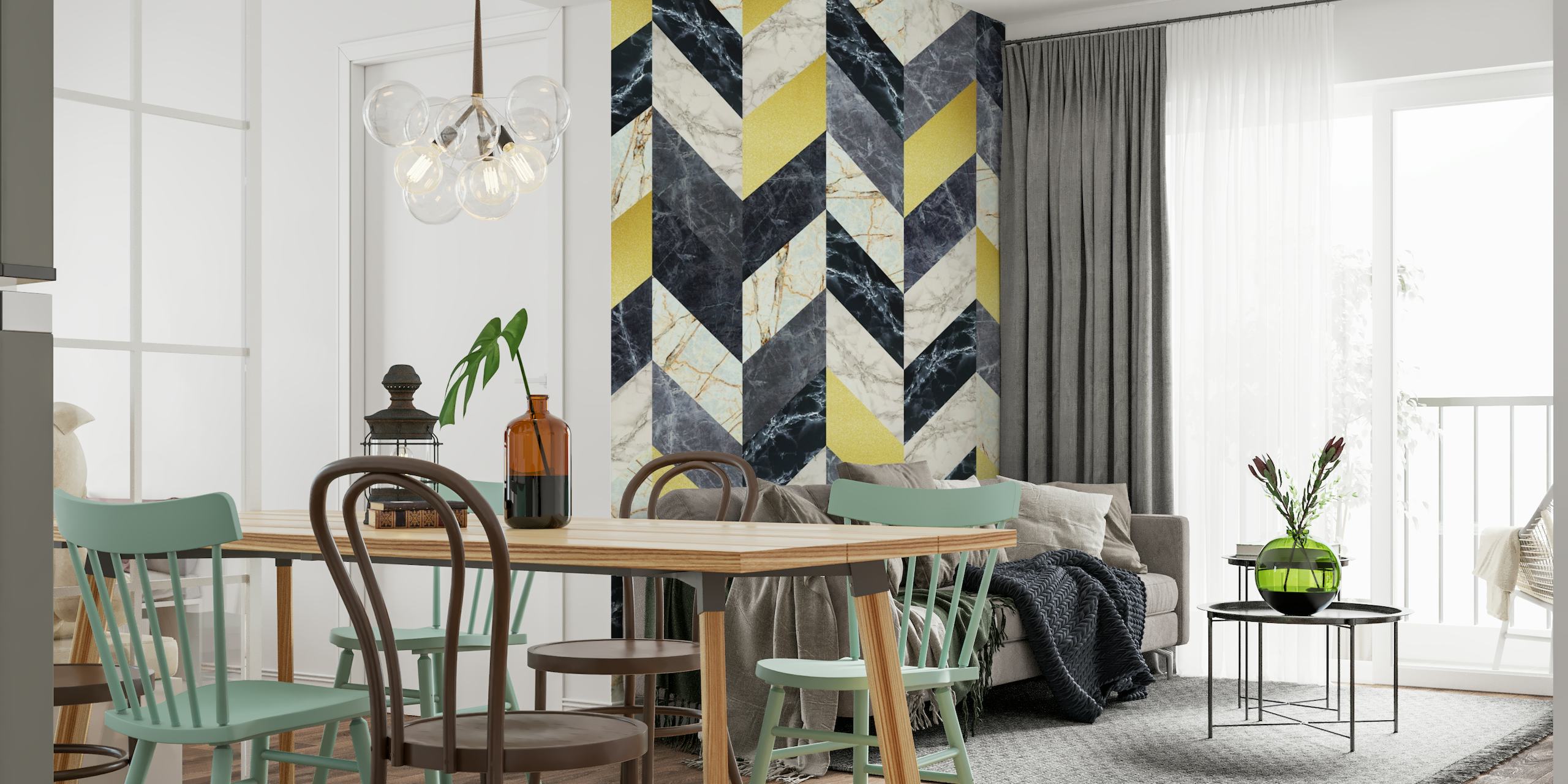Colored Pattern II geometric zigzag wall mural with gold, silver, and charcoal shades on happywall.com