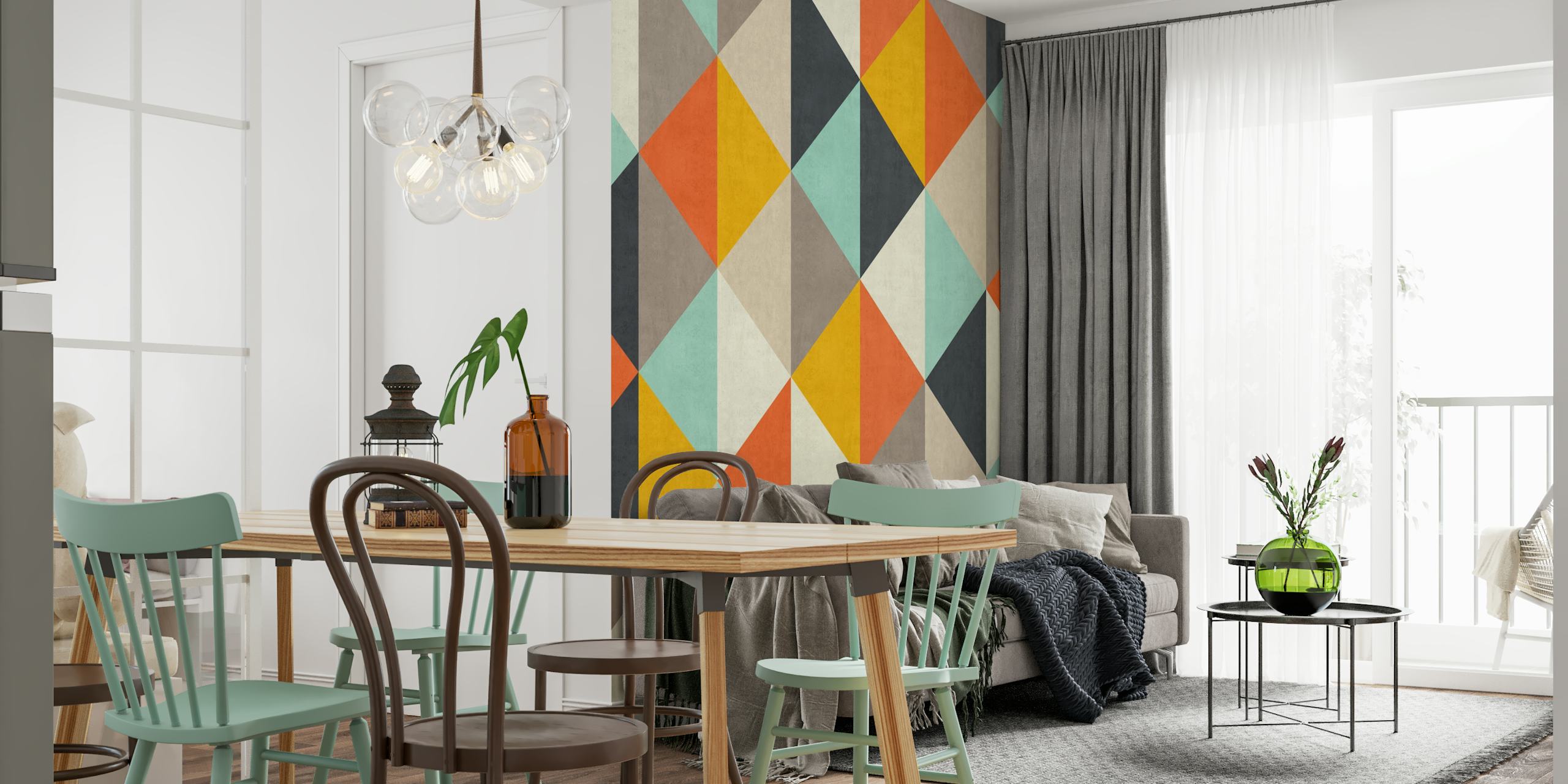 Geometrisches Wandbild „Colored Pattern IV“ mit leuchtenden Dreiecken in Orange, Blaugrün und Grau