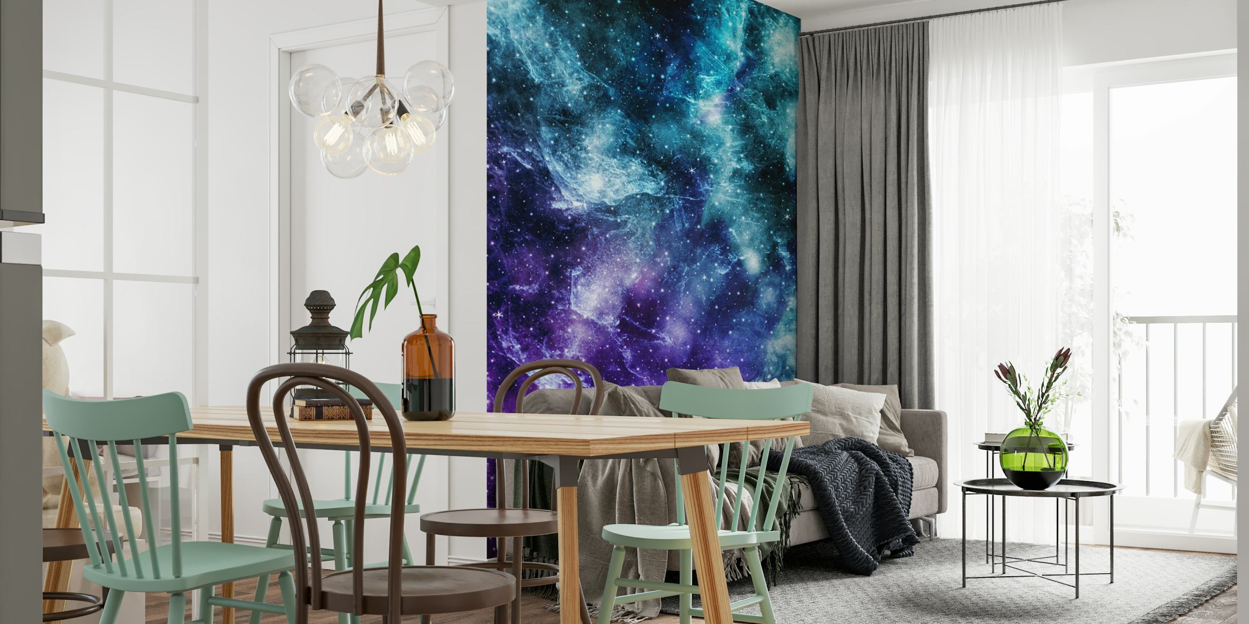 Papel de parede Purple Teal Galaxy Nebula em um quarto