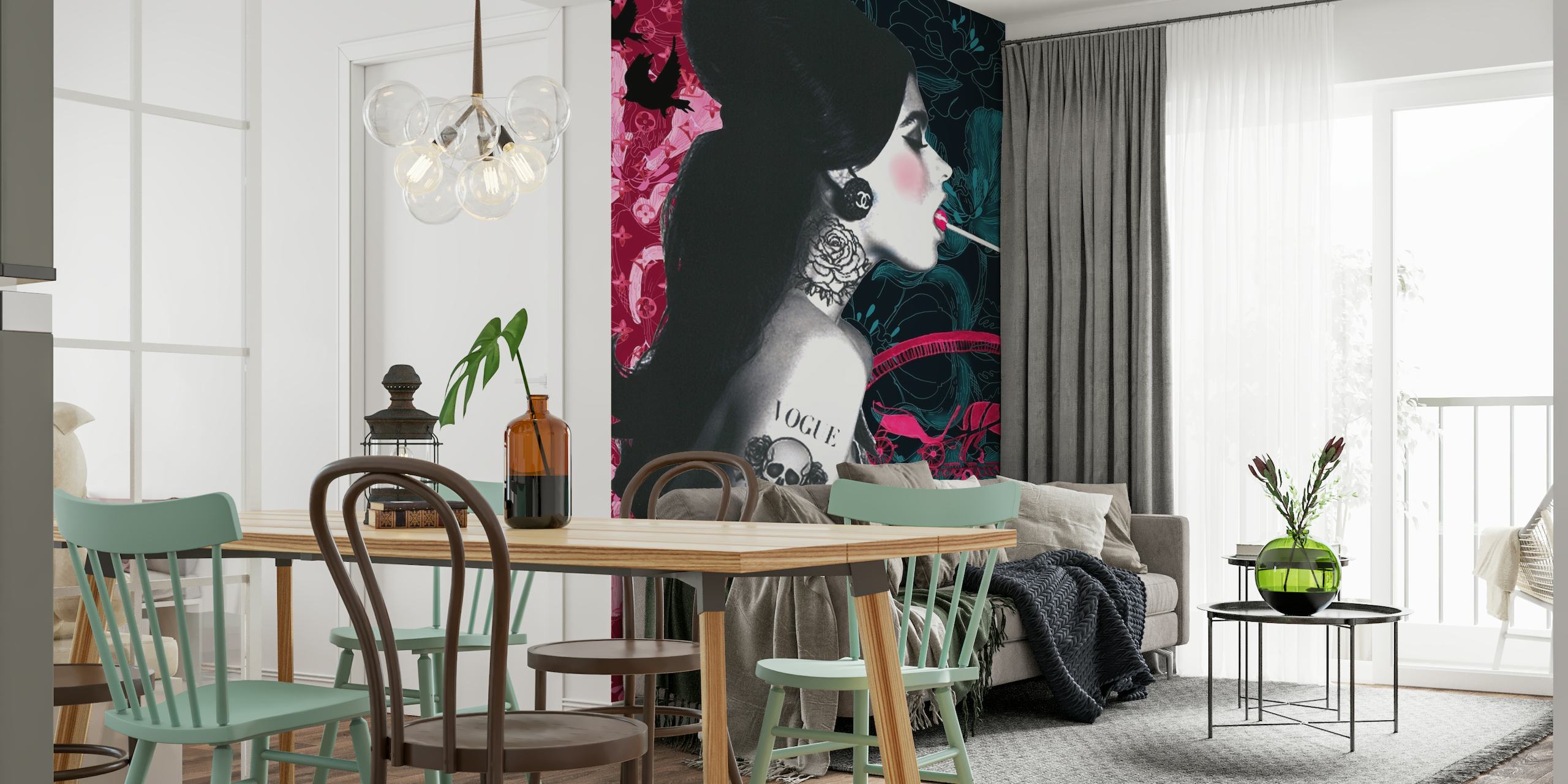 Lollipop Girl wall mural with dark tones and pink accents featuring a stylized portrait of a girl