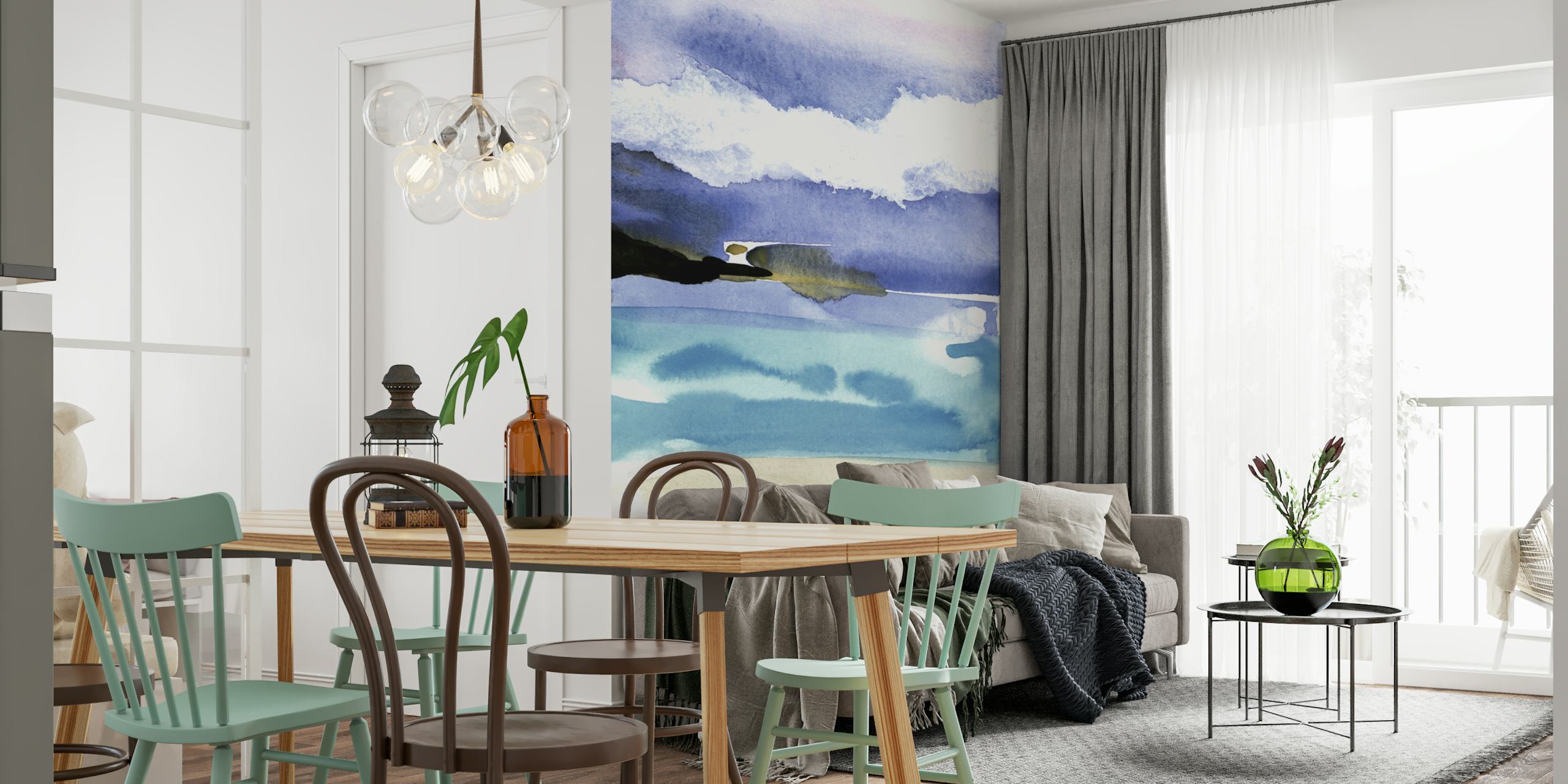 Watercolor ocean scene with blue waves and soft clouds wallpaper