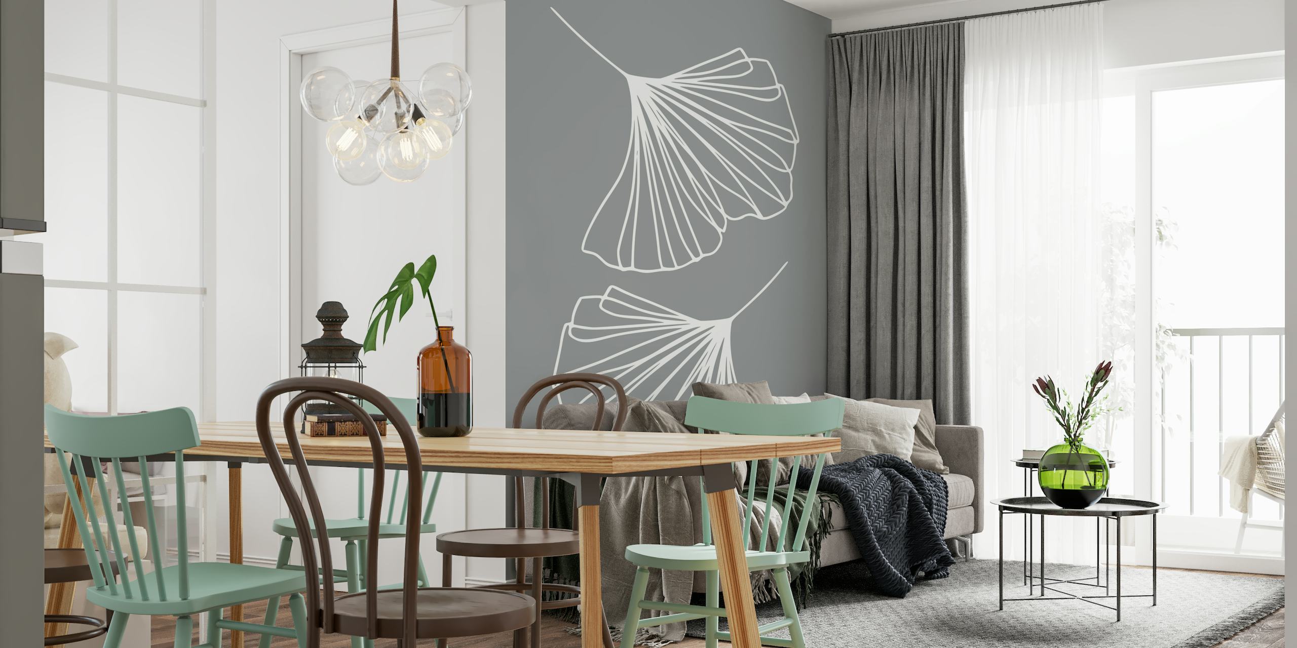 Ginkgo Leaves Ultimate Grey muurschildering met witte lijntekeningen op grijze achtergrond