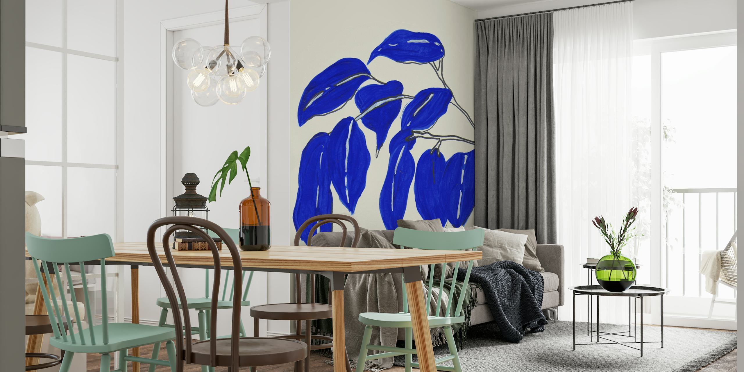 De abstracte blauwe illustratie van ficusbladeren op een muurschildering