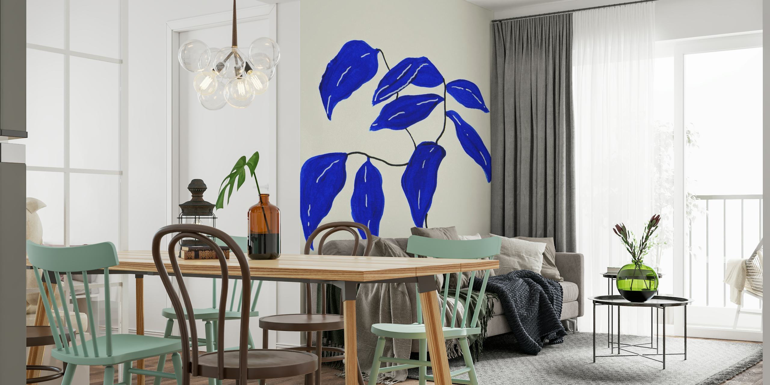 Blå Ficus blade illustration vægmaleri på en neutral baggrund