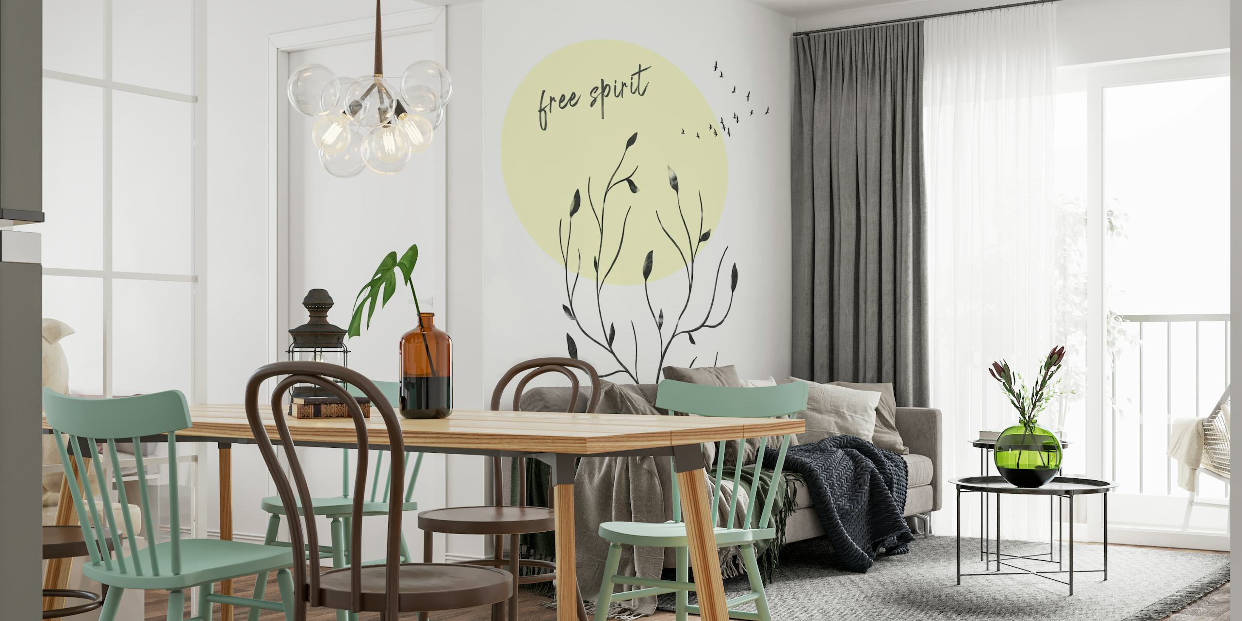 Mural minimalista 'Free Spirit' con siluetas botánicas y texto, en color crema y negro con un círculo amarillo