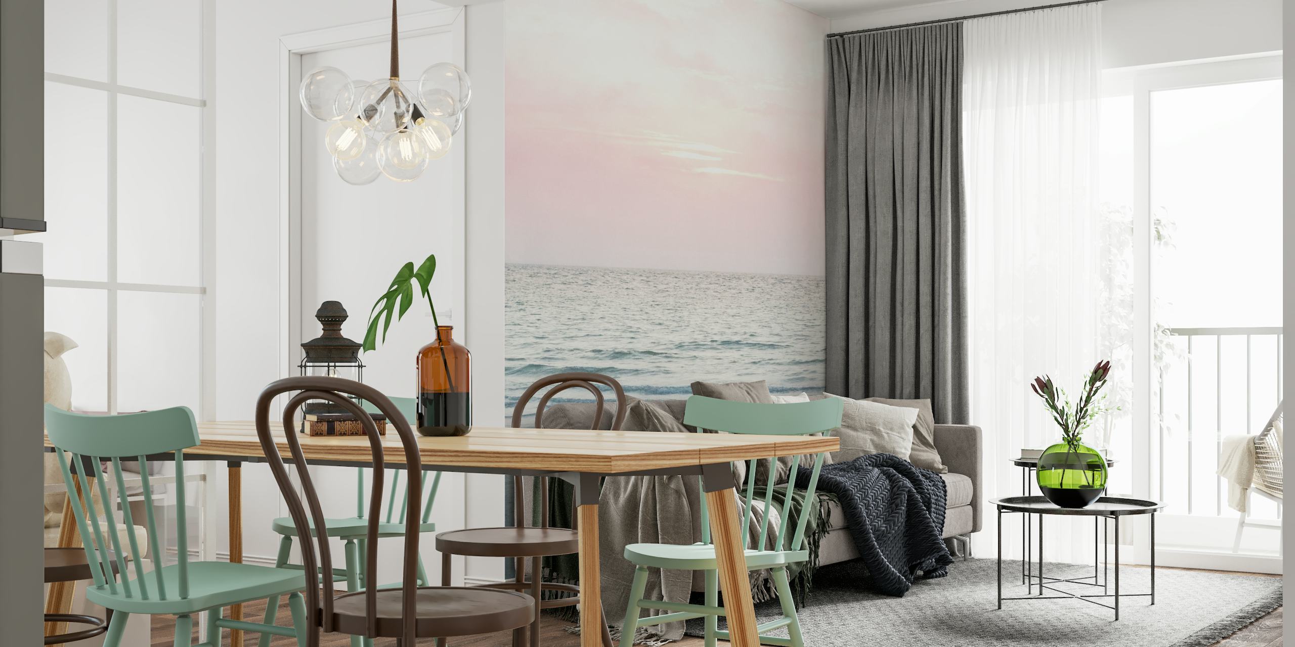Pastel-colored ocean and sky wall mural with serene sunset vibes.