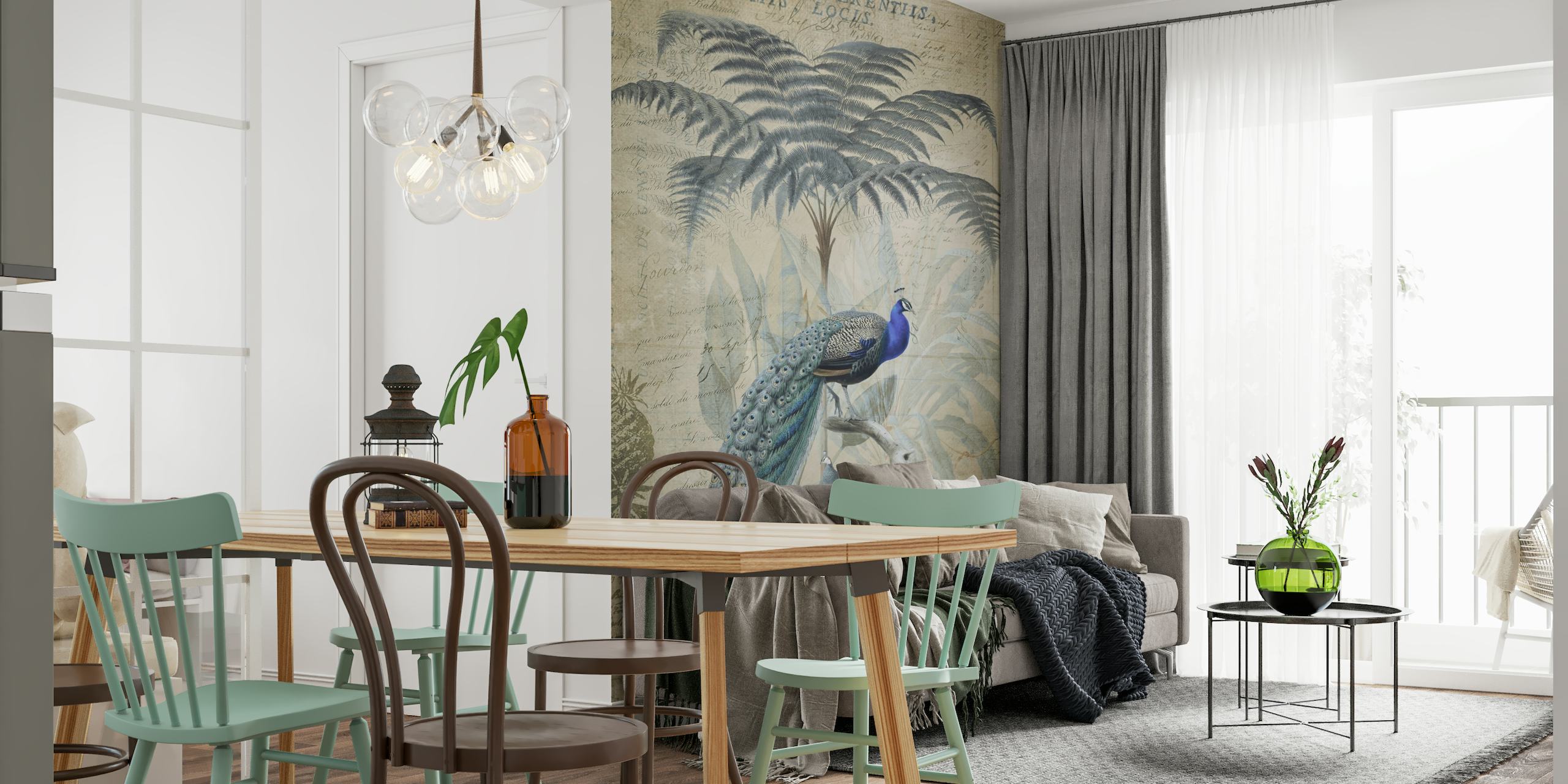 Peacock trooppisilla palmuilla seinämaalaus vintage taustalla