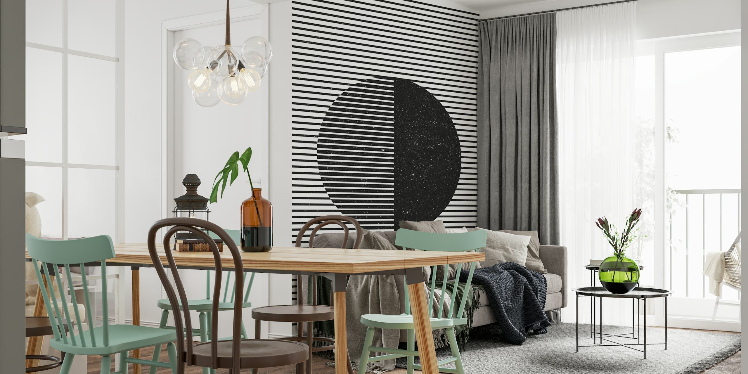 Abstract geometric half-moon wall mural in black and white