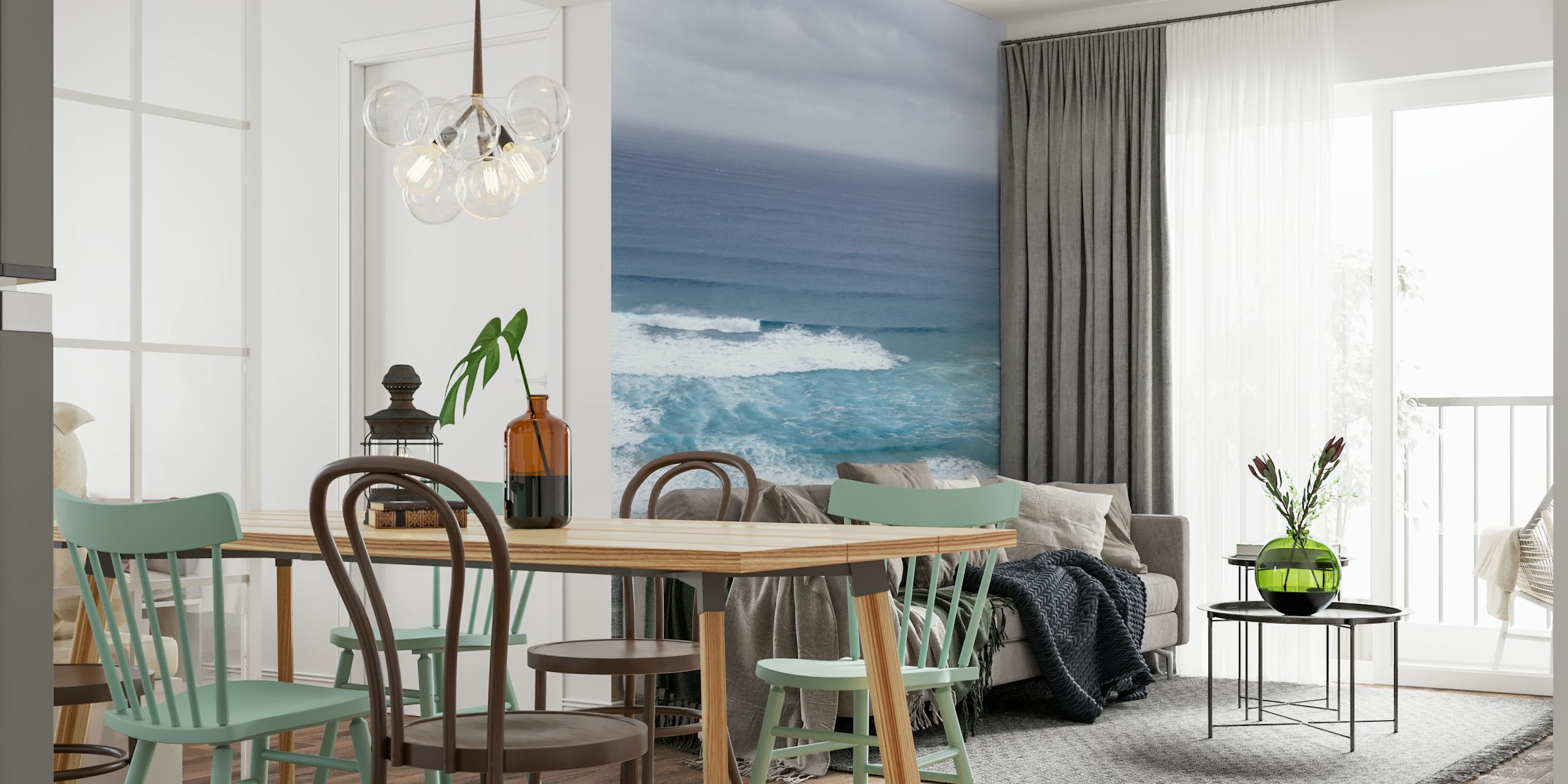 Ocean waves and sandy shore in shades of blue and white wallpaper