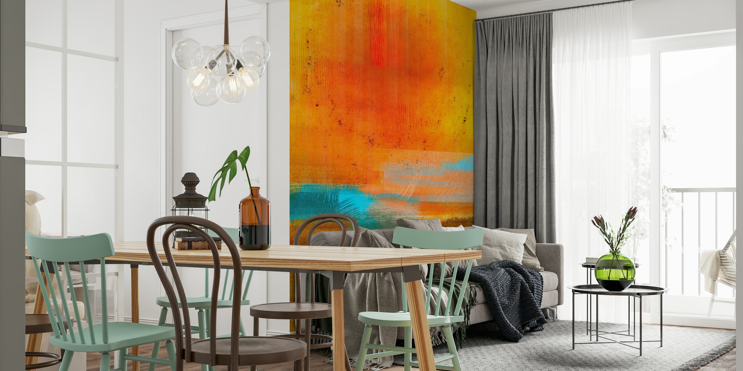 Colorful sunshine-inspired wallpaper in a room