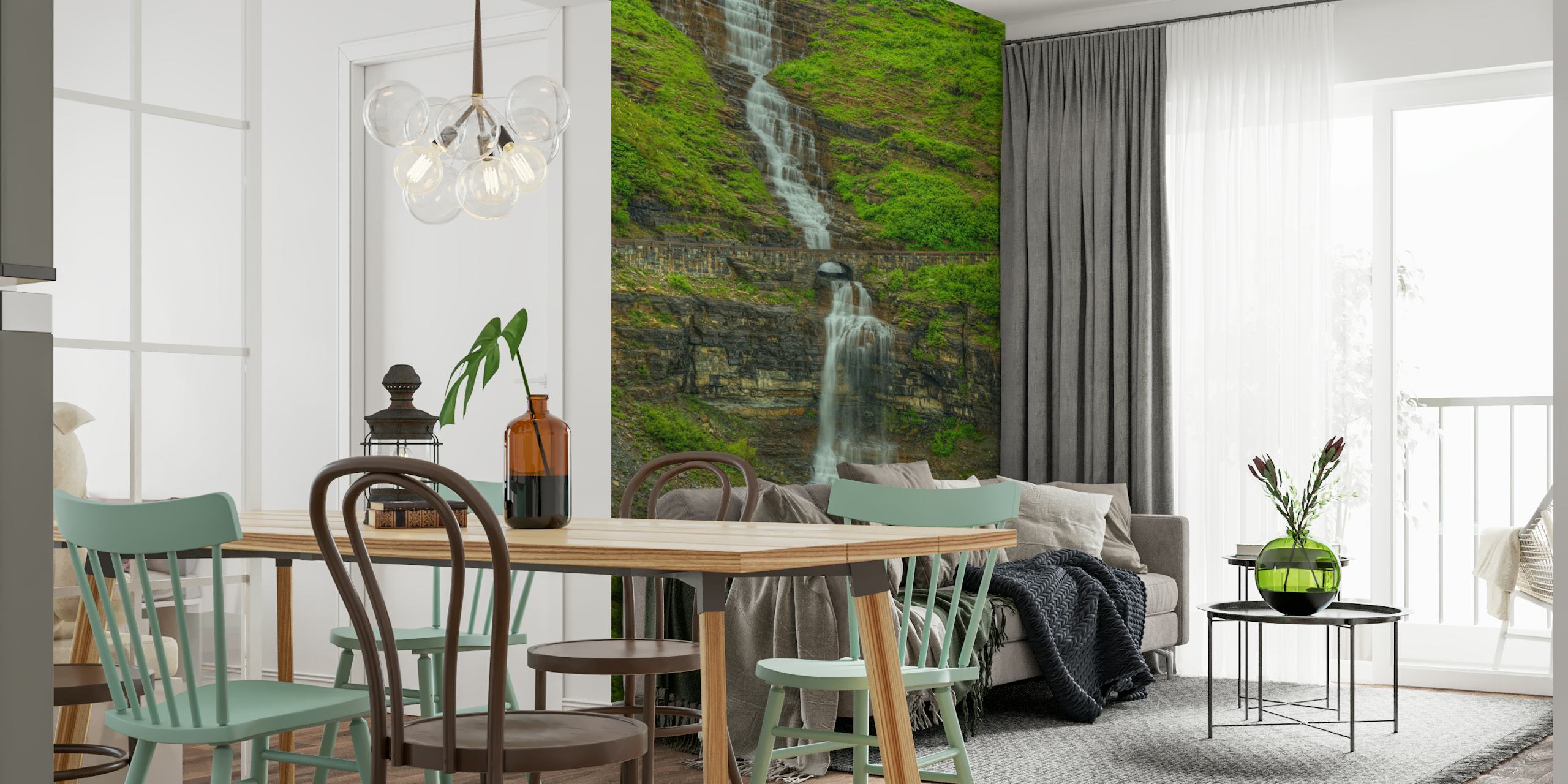 Waterfall cascading down rocky mountain with greenery wallpaper