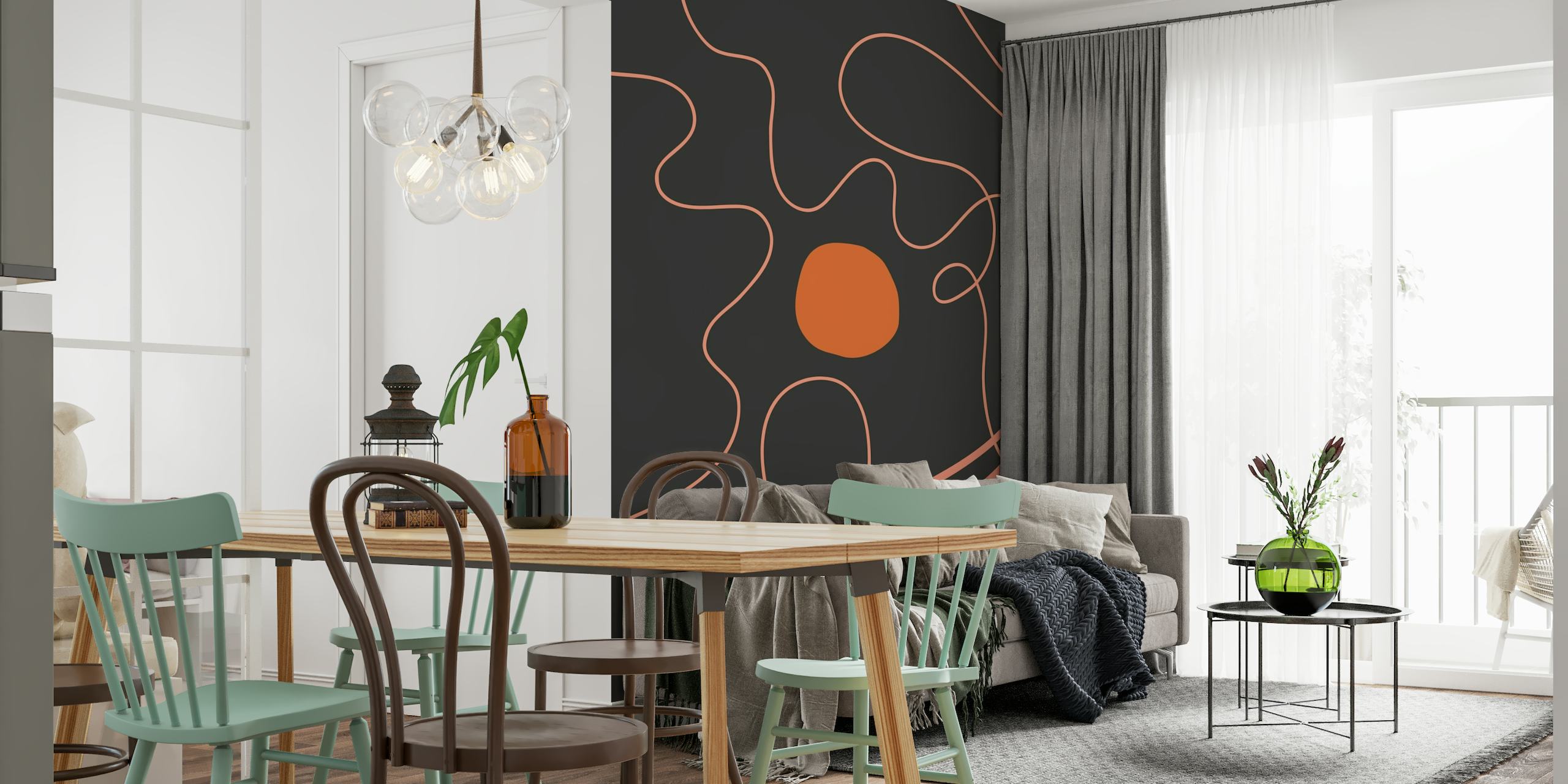 Coral Curvy Lines on Charcoal wallpaper