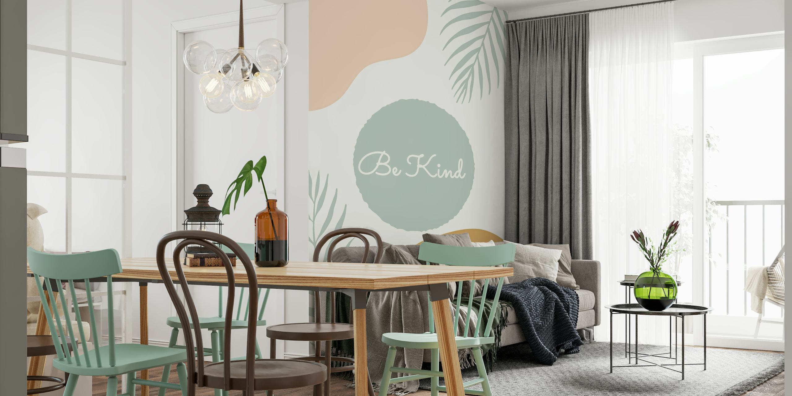 Be Kind wall mural with pastel colors and leaf patterns