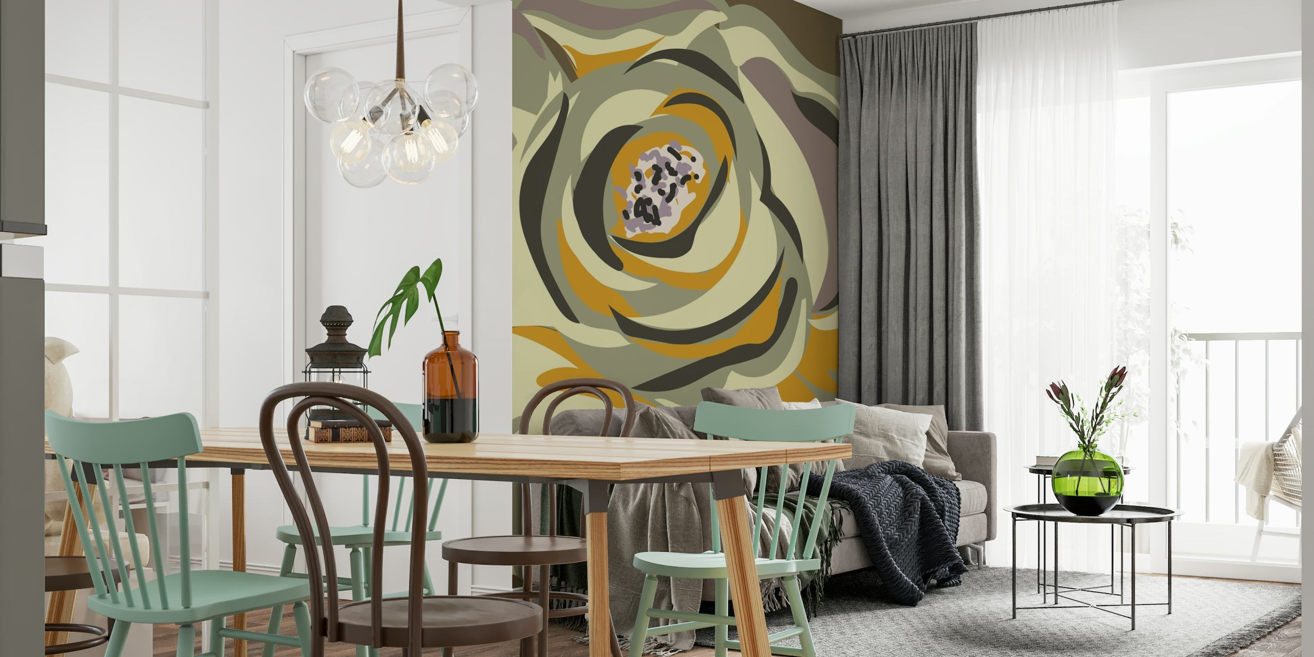 Fotomural floral abstracto minimalista con rosas en beige, gris topo y ocre