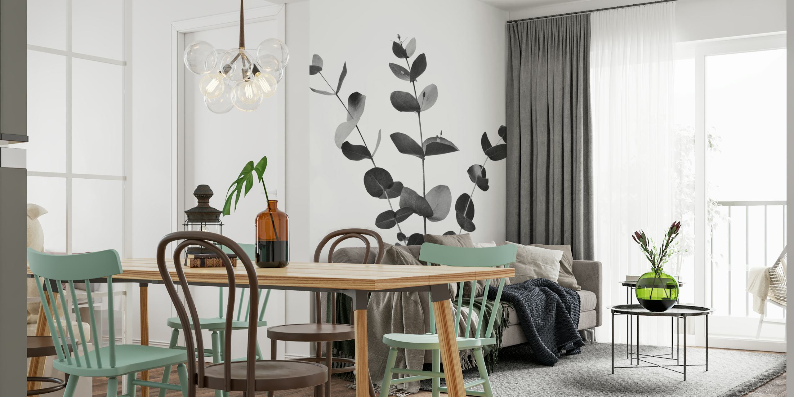 Black and white wall mural of eucalyptus branches for a serene interior.