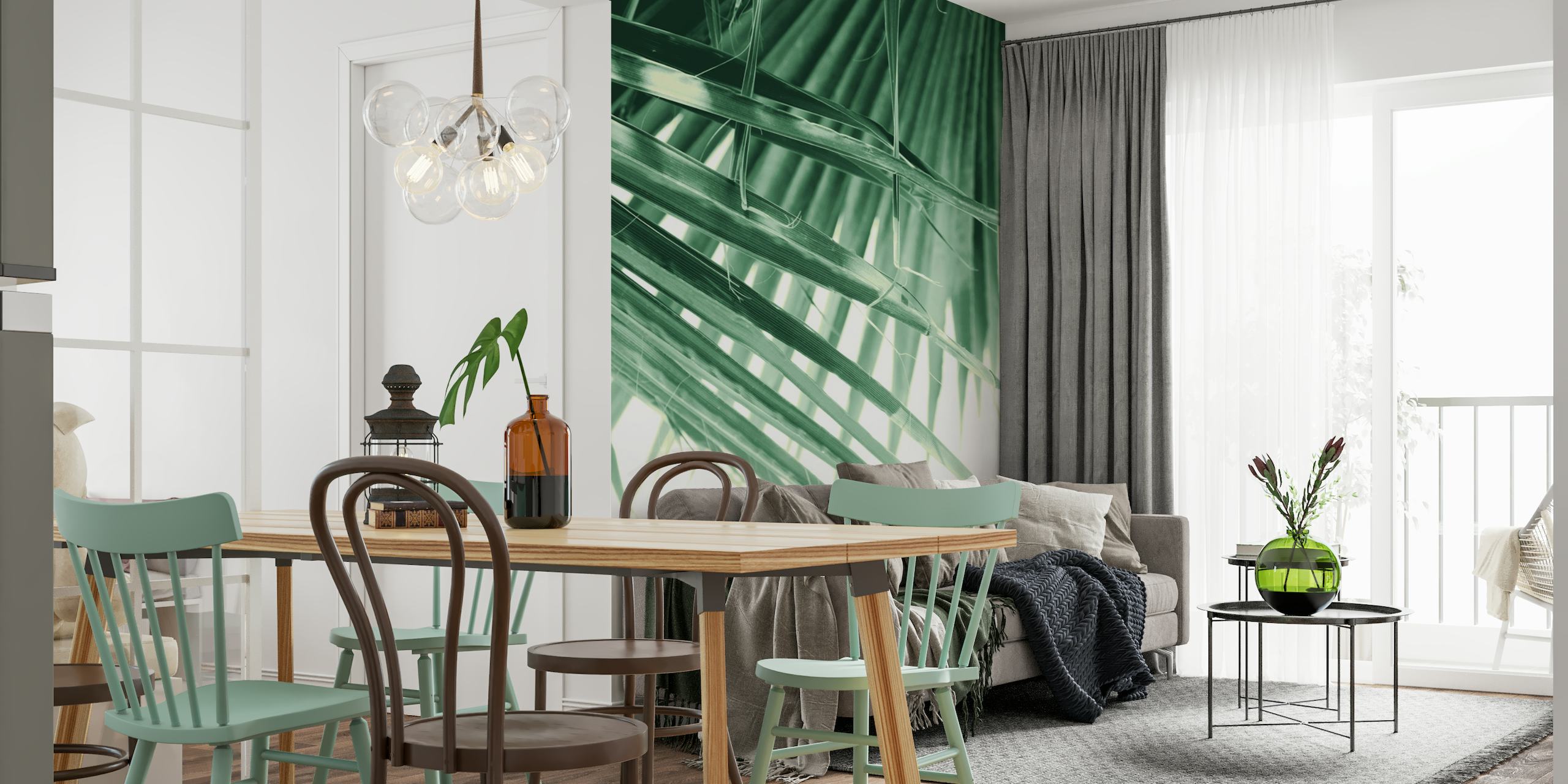 Wandtapete mit zartgrünen Fächerpalmenblättern und verträumtem Licht- und Schatteneffekt