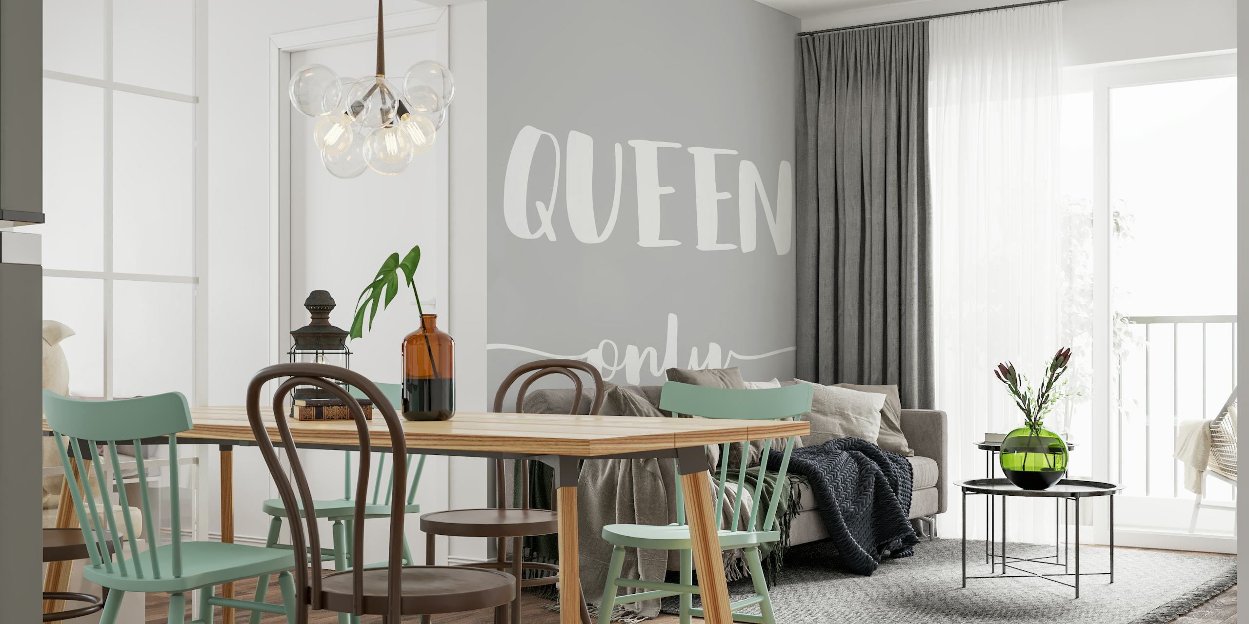 Minimalist 'Queen Only' text wall mural in grey and white