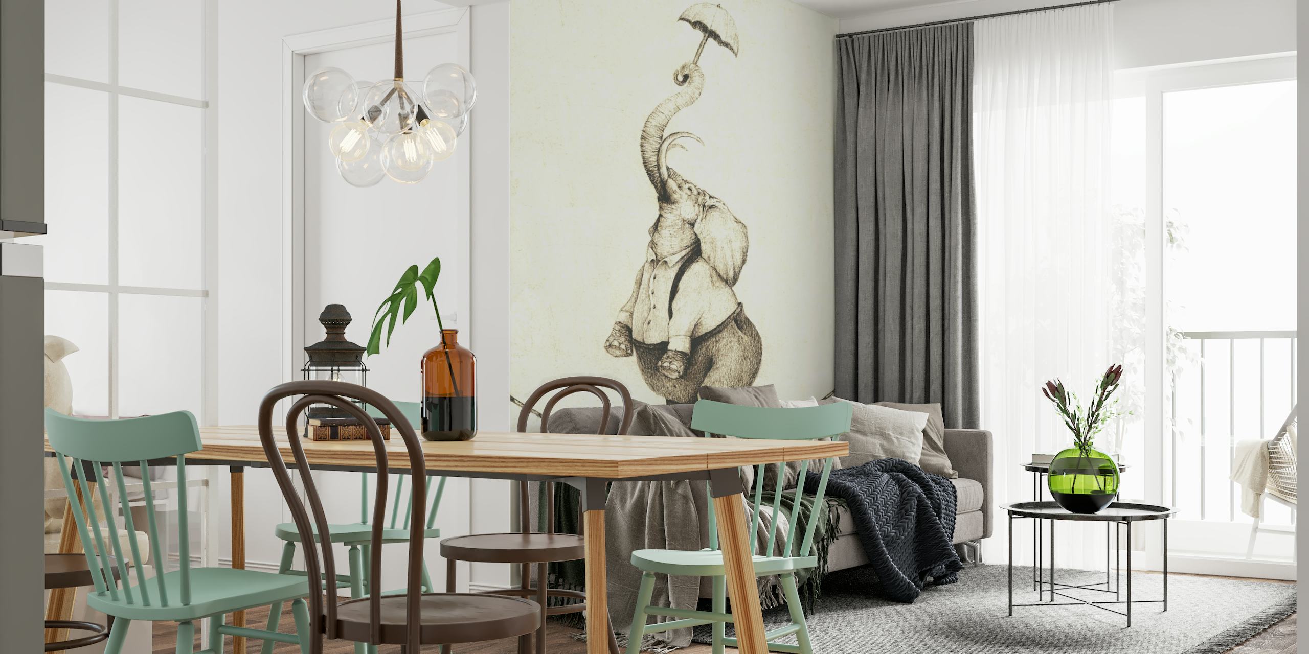 Elliot II wall mural of a hand-drawn elephant on a unicycle with an umbrella