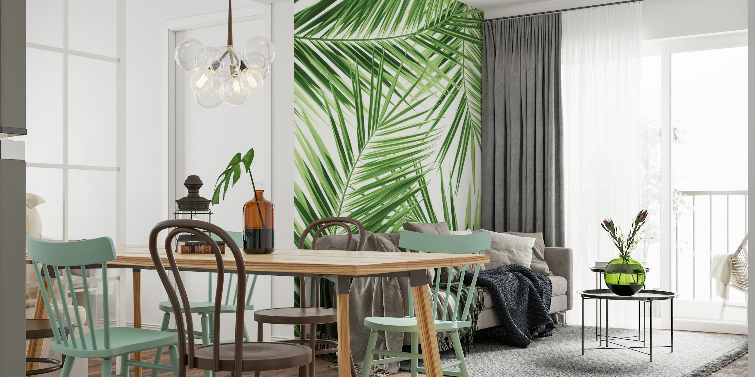 Fotomural vinílico de parede com padrão de folha de palmeira verde para uma decoração com tema tropical