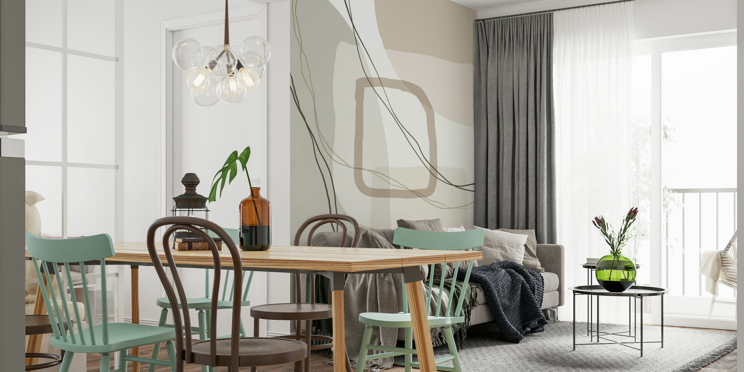 Abstract wall mural featuring intertwined lines and earthy tones