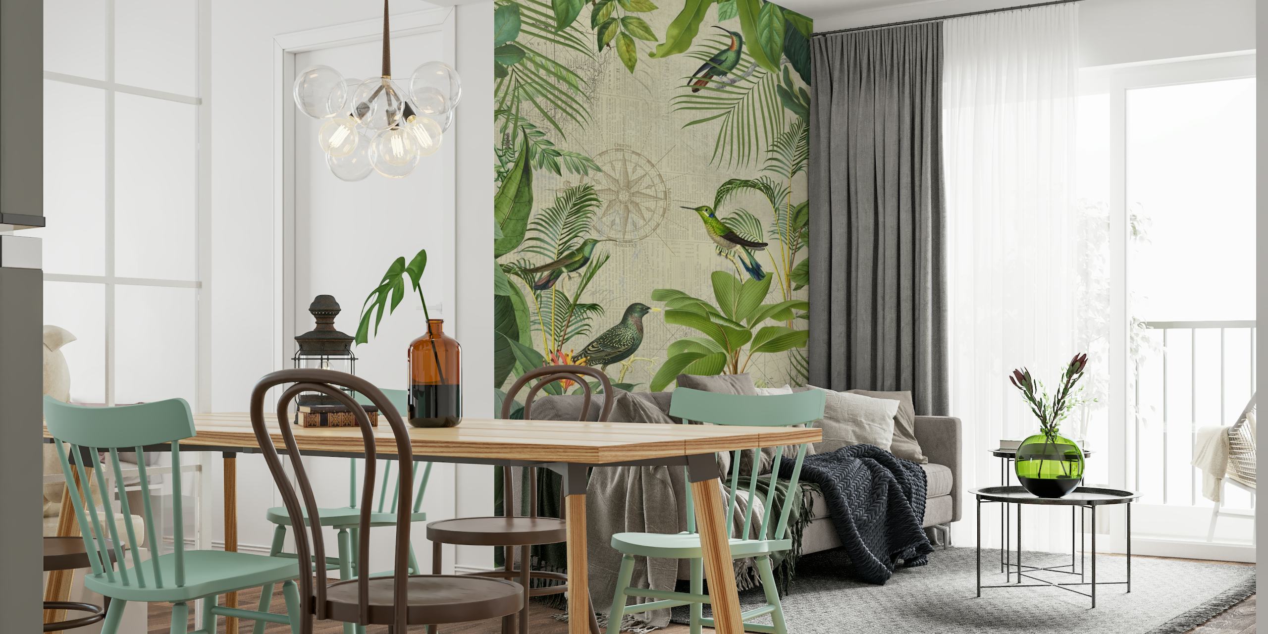 Tropical hummingbird wall mural with lush greenery and compass rose design