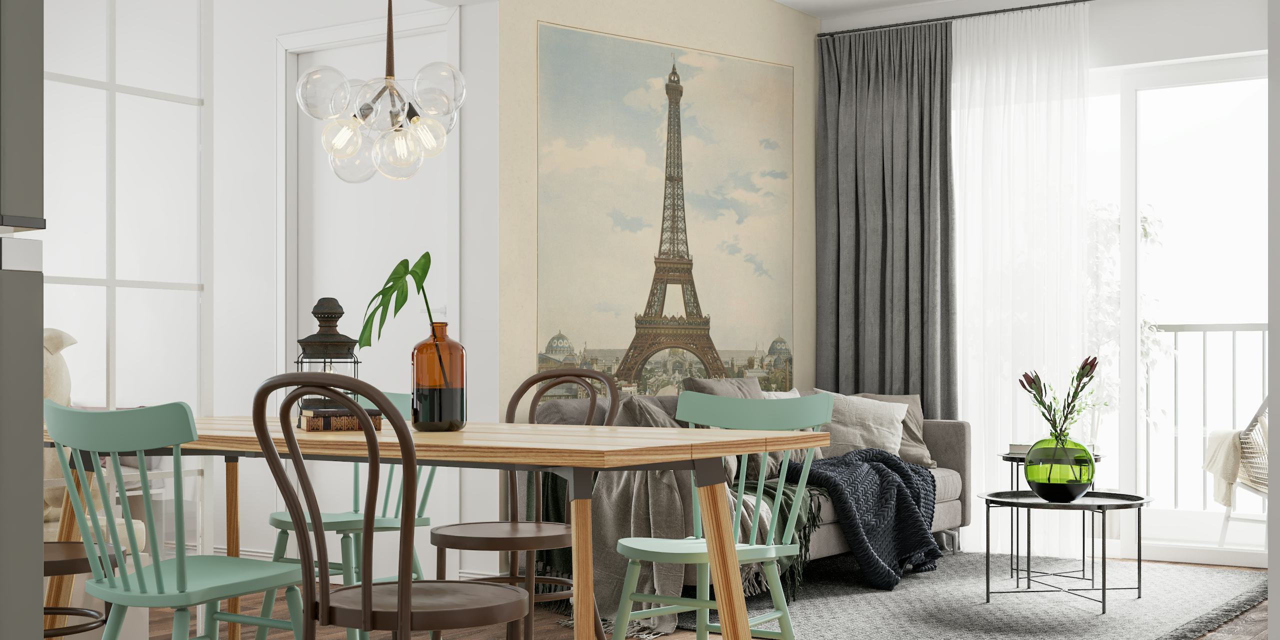 Väggmålning i vintagestil av Eiffeltornet i Paris med omgivande arkitektur under en lugn himmel.