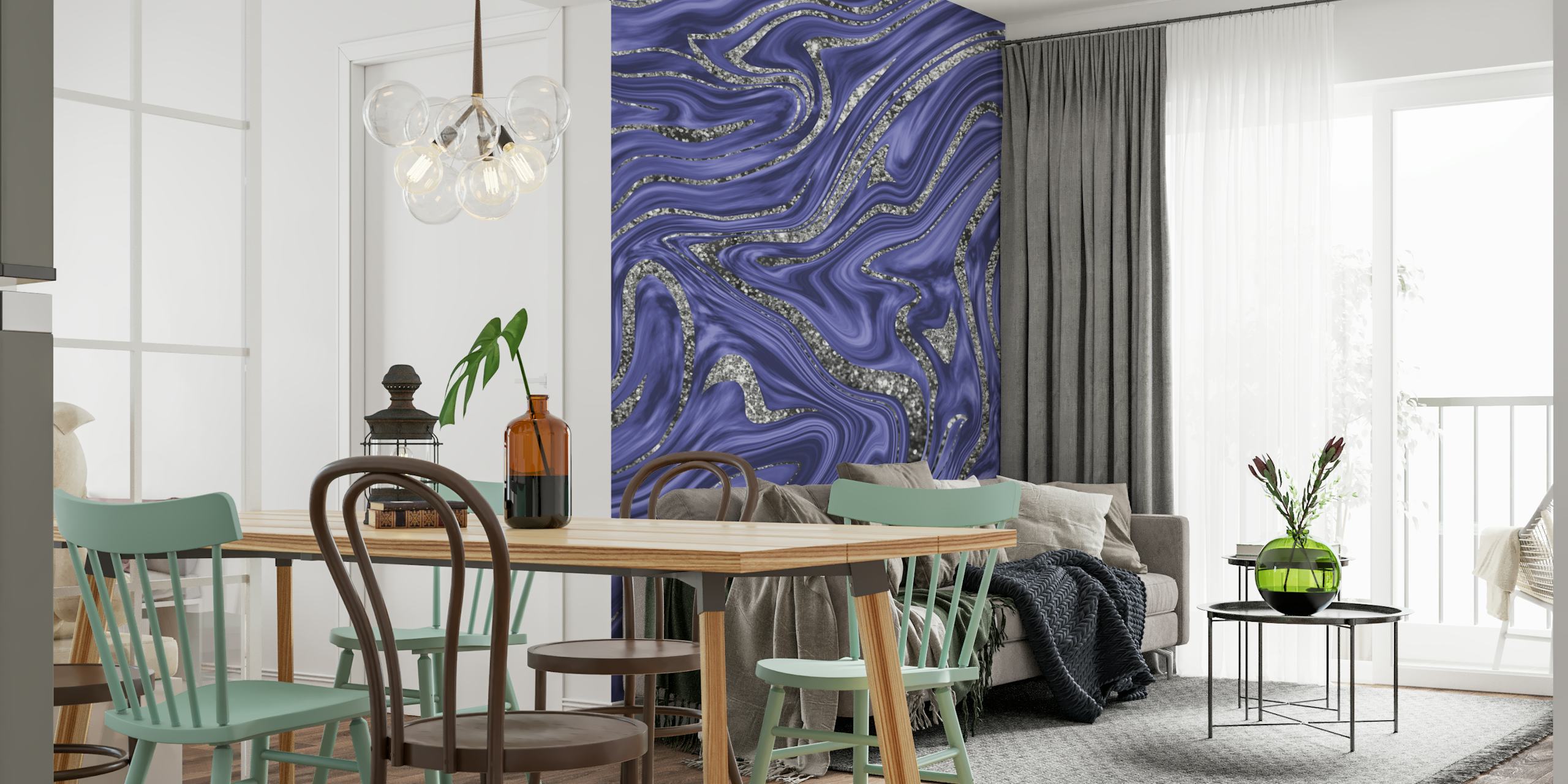 Papier peint mural abstrait à tourbillon de paillettes argentées et Very Peri