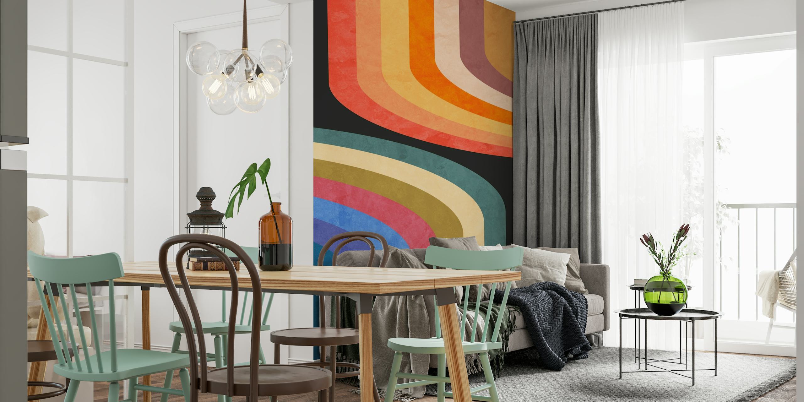 Mural de parede abstrato com arcos coloridos e design inspirado no arco-íris