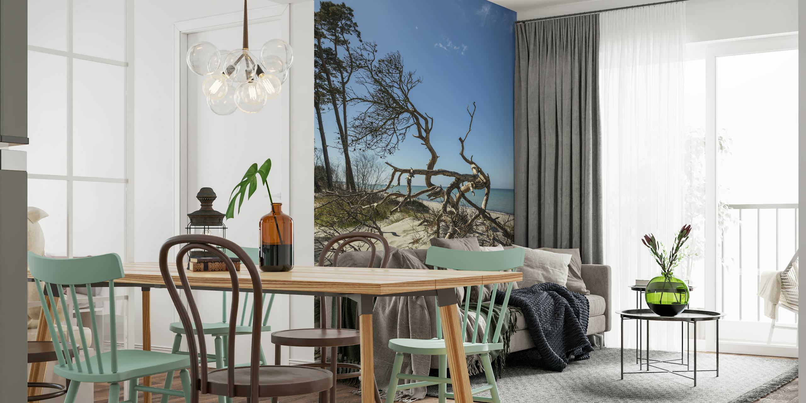 Baltic Sea Spring Day wall mural with sandy shore and weathered trees against a clear blue sky