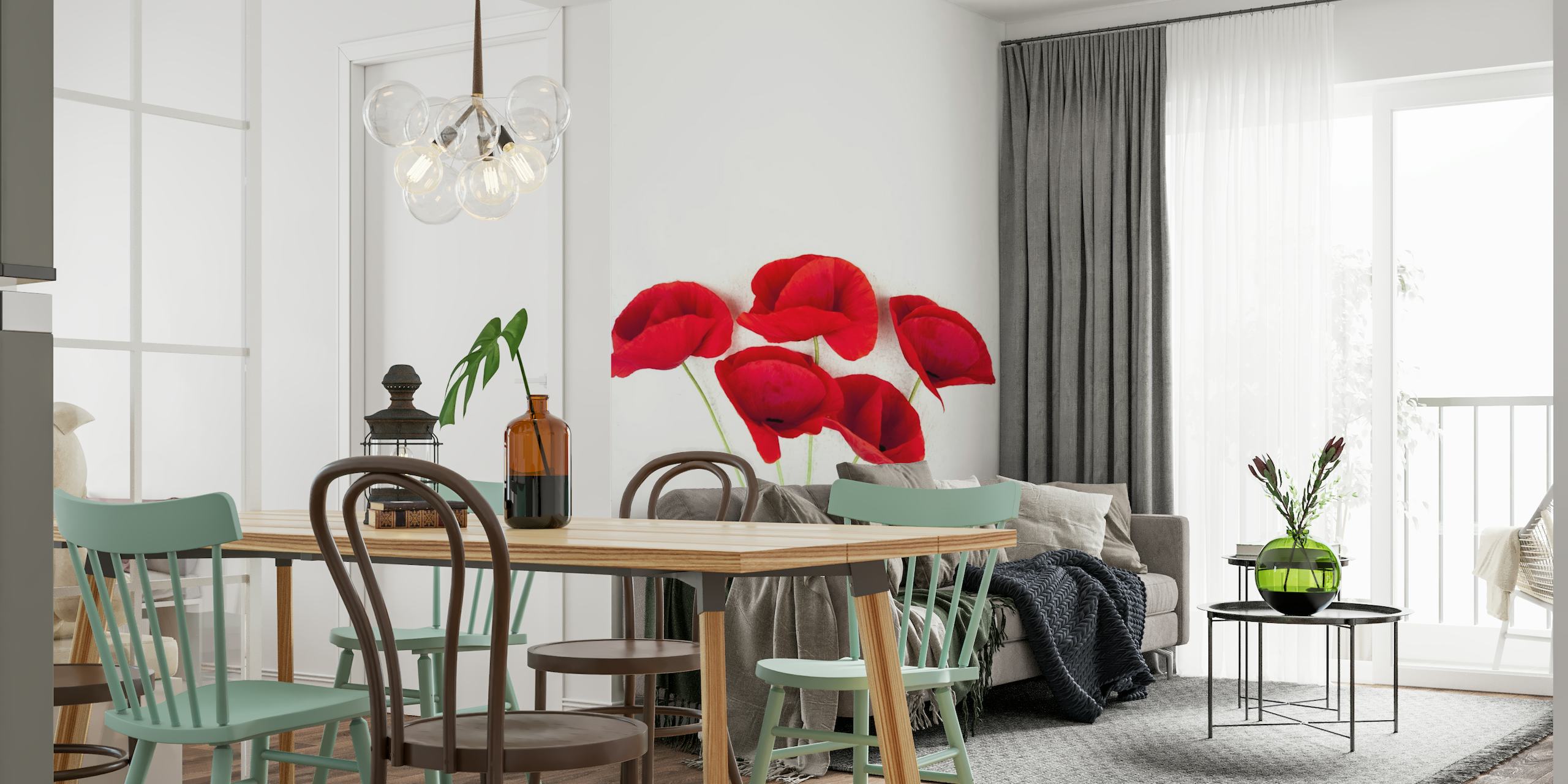 five red poppies with a white background wall mural