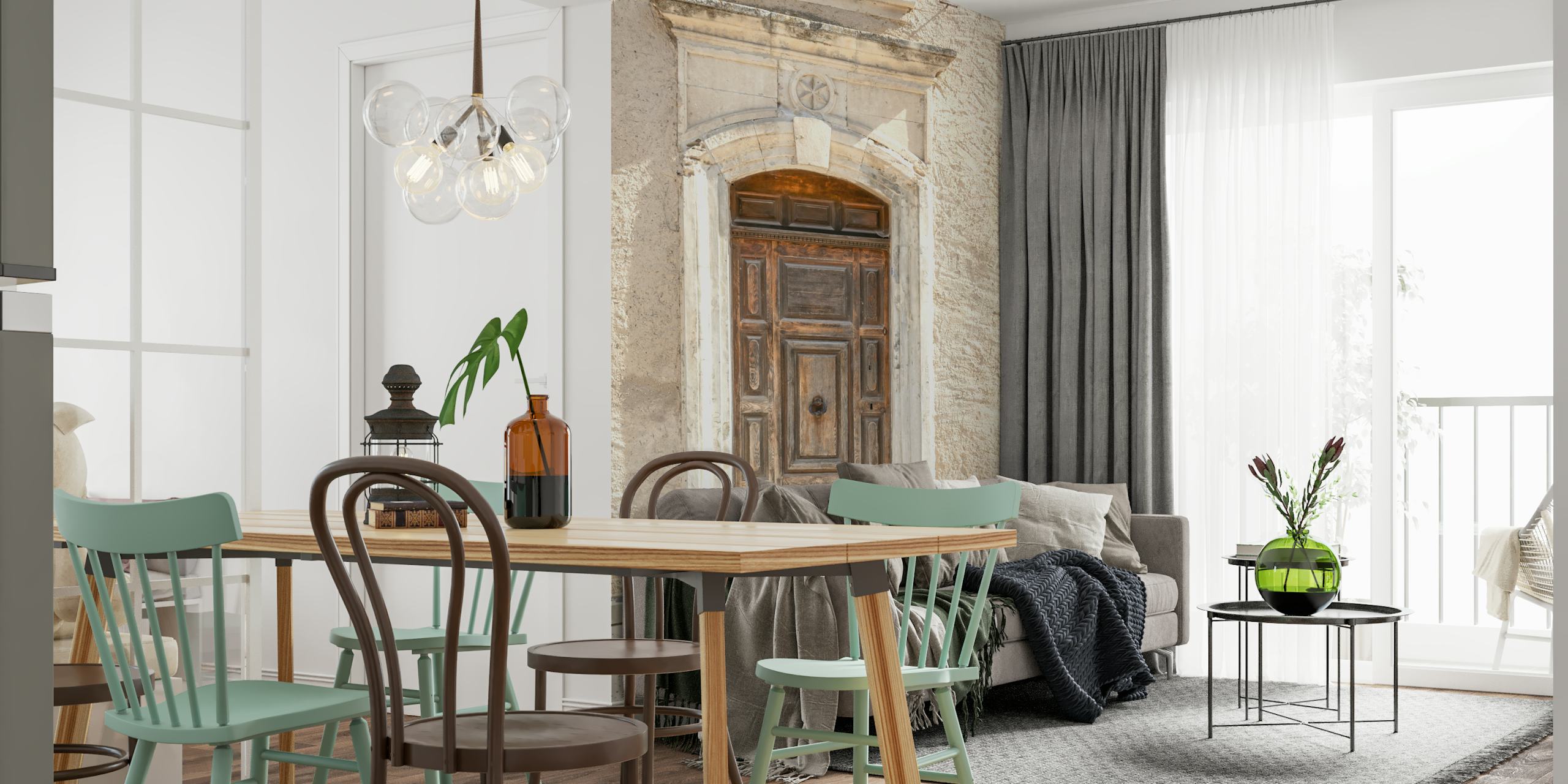 Old weathered wooden door with arch detail on textured wall wallpaper