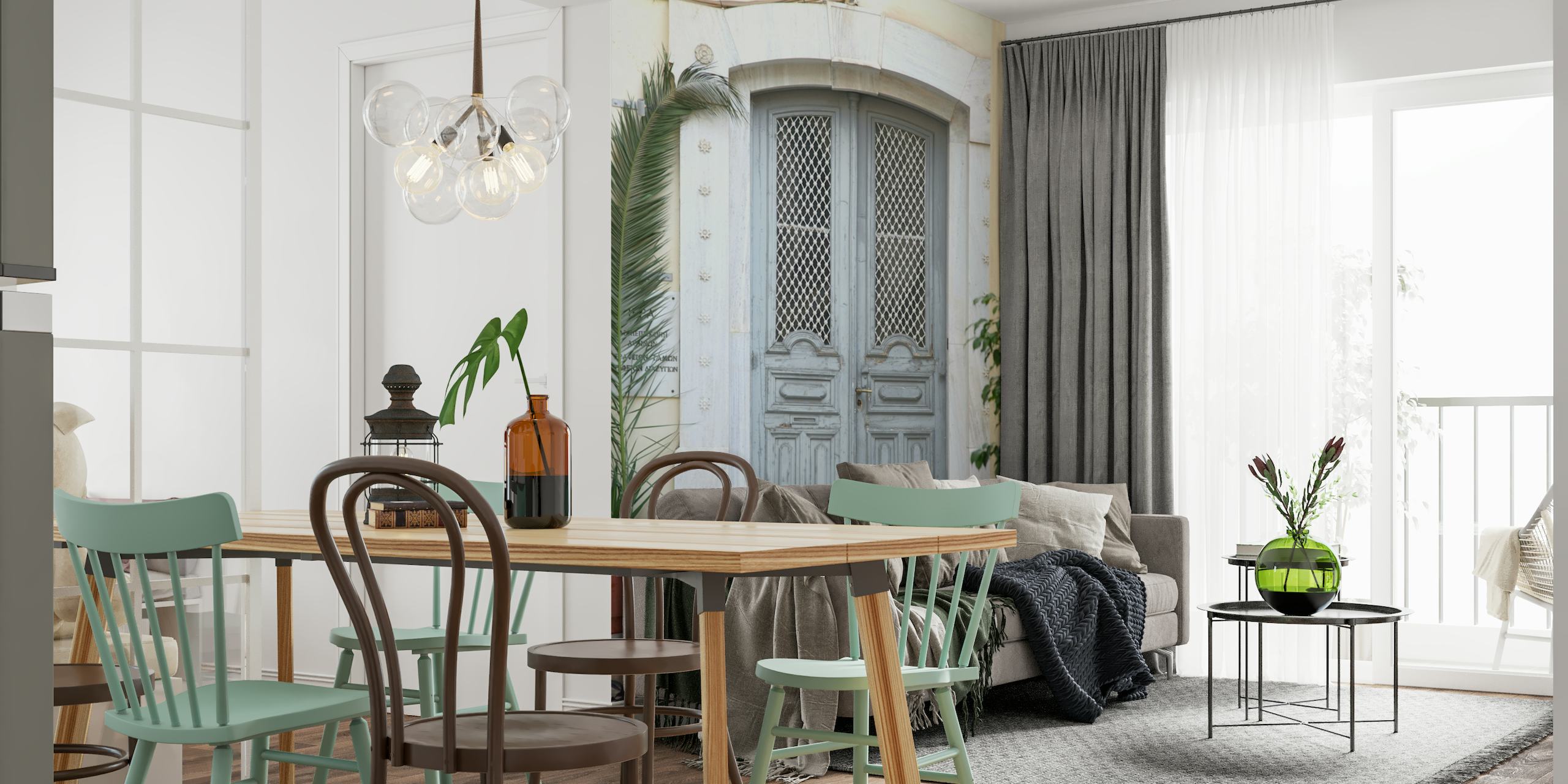 Eine Fototapete mit einer grauen Tür im griechischen Stil und einer Palmenpflanze an der Seite, die eine ruhige mediterrane Atmosphäre hervorruft.