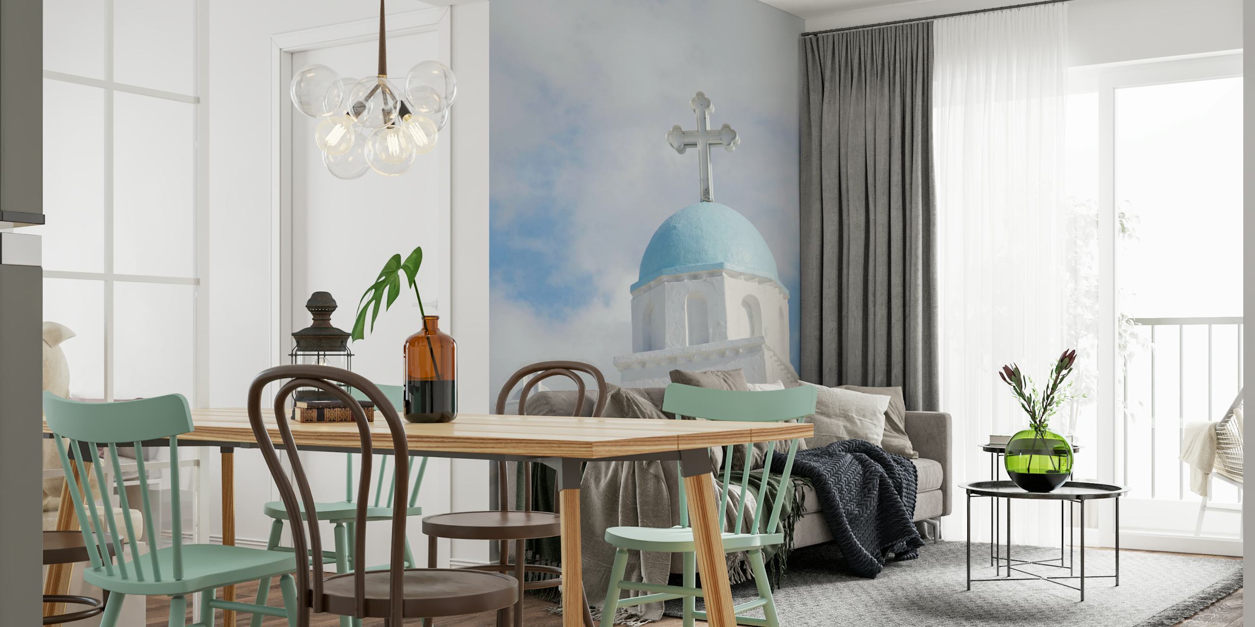 Una tranquilla chiesa greca con pareti bianche e una cupola blu sotto un cielo di soffici nuvole.