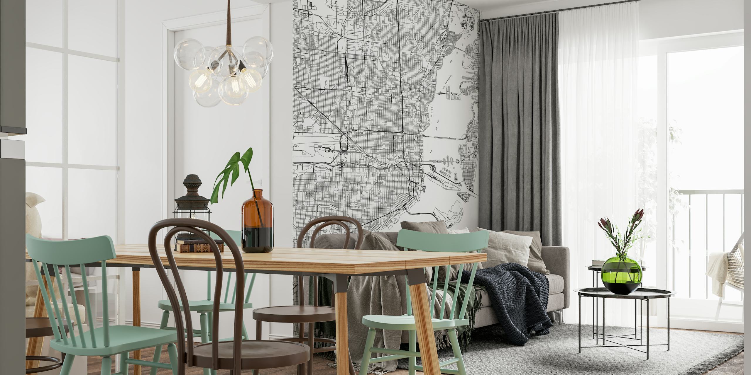 Black and white detailed map of Miami wall mural