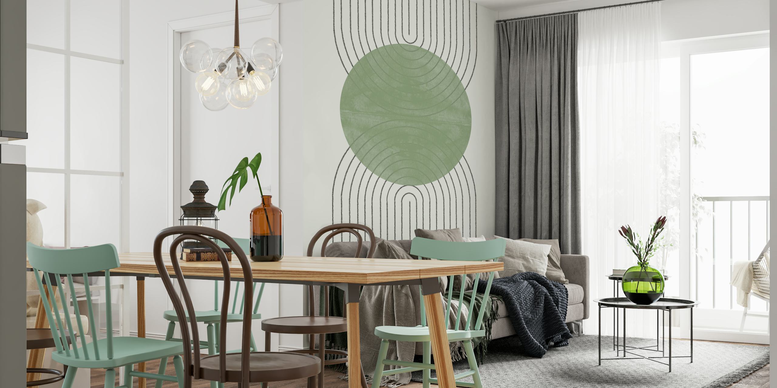 Mural de parede Green Moon II com um design circular verde com linhas brancas fluidas em um fundo neutro