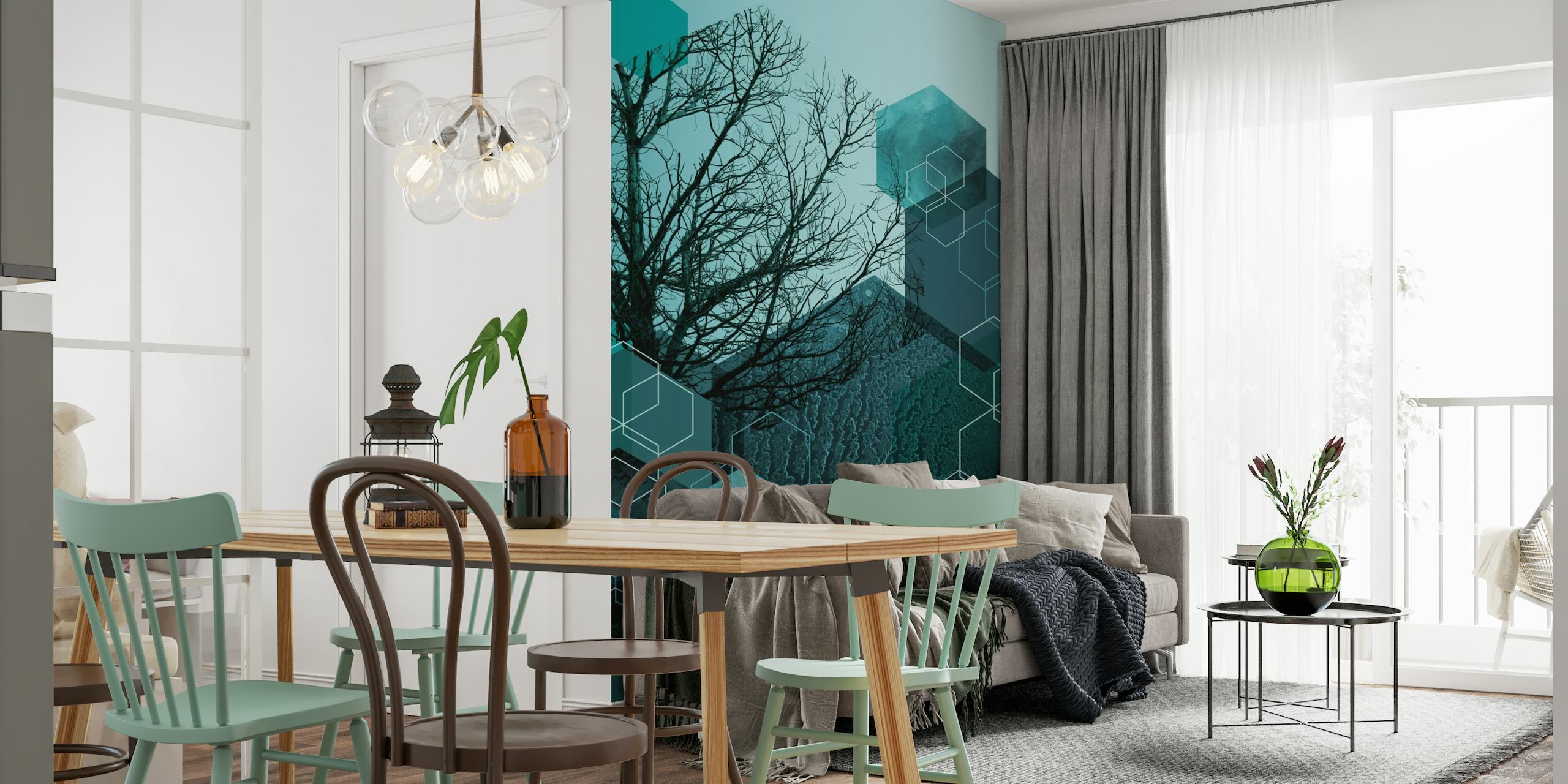 Teal Tree 1 wall mural featuring a tree silhouette with geometric patterns