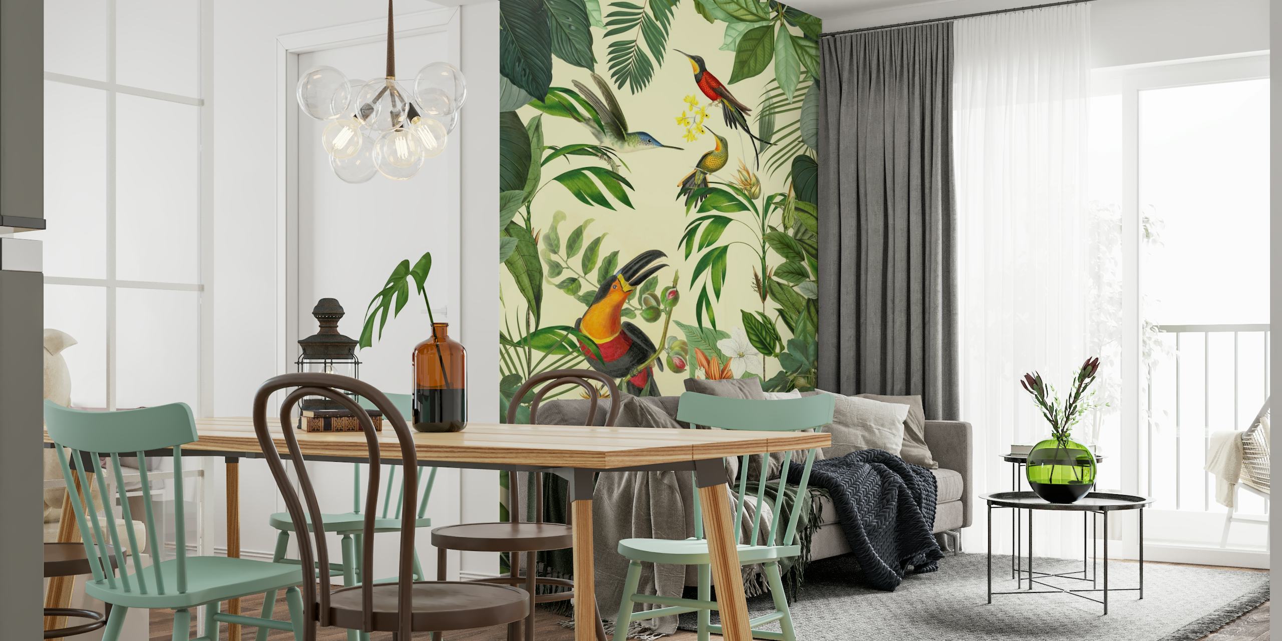 Vægmaleri med tropiske tukaner og kolibrier, der viser et pulserende dyreliv og frodige grønne områder